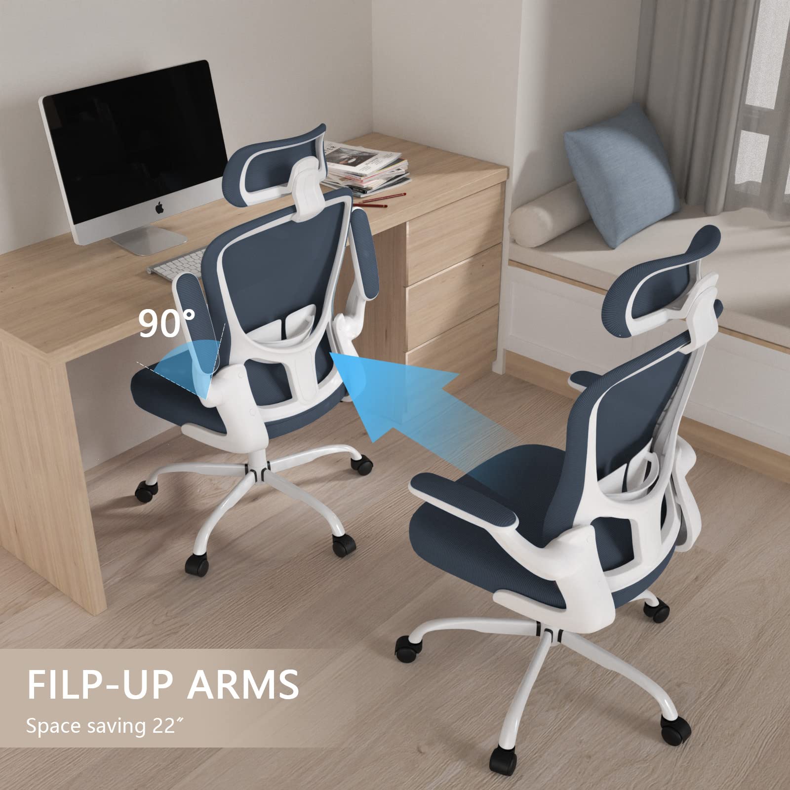 Ergonomic High Back Office Chair with Adjustable Lumbar Support & Headrest - Breathable Mesh Task Chair, Swivel Executive Desk Chair with Flip-Up Armrests - Perfect for Home Office, Gaming & Workspaces