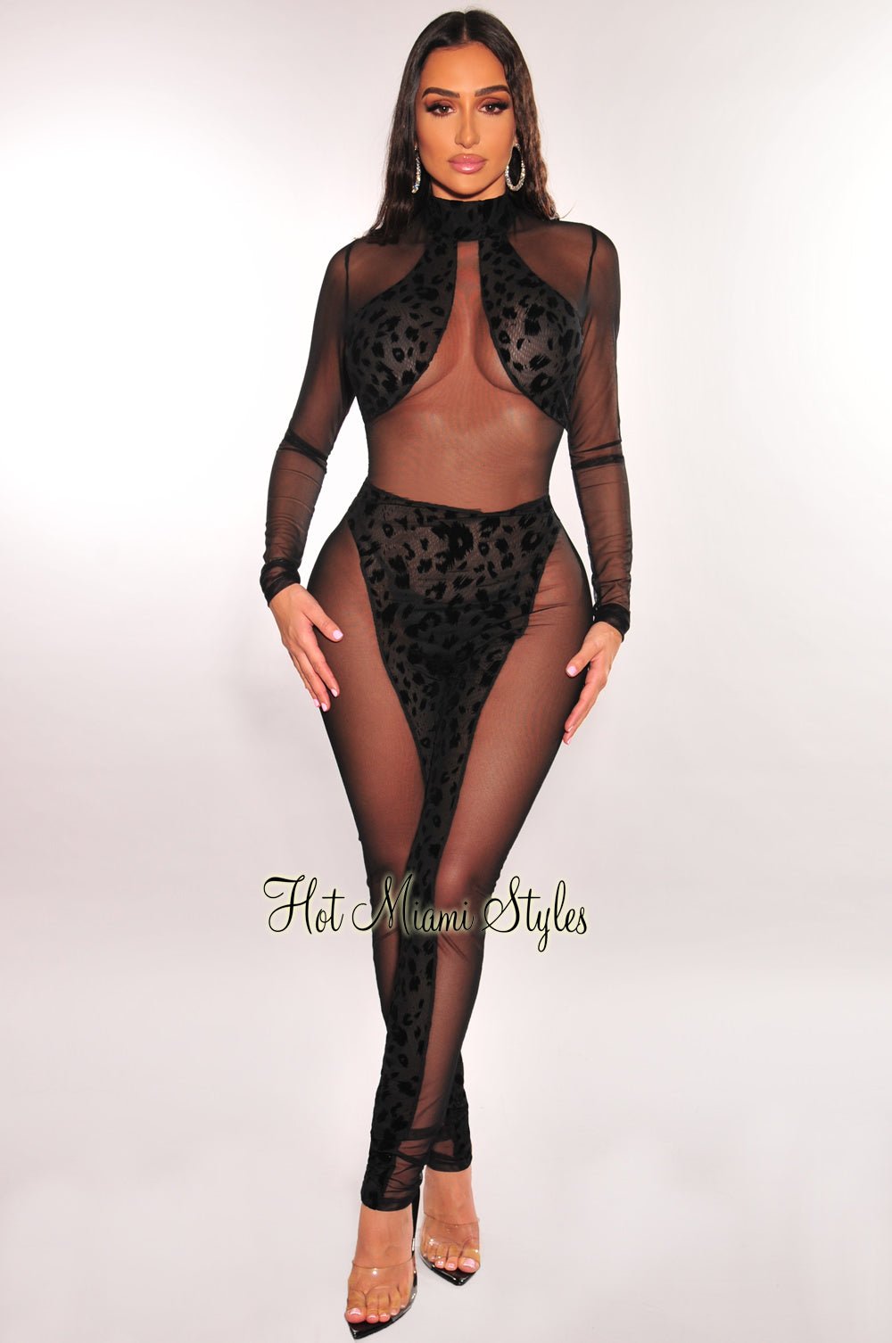 Black Leopard Print Sheer Mesh Long Sleeve Jumpsuit for Women - Sexy Animal Print Bodysuit for Nightclub, Party & Halloween Costume