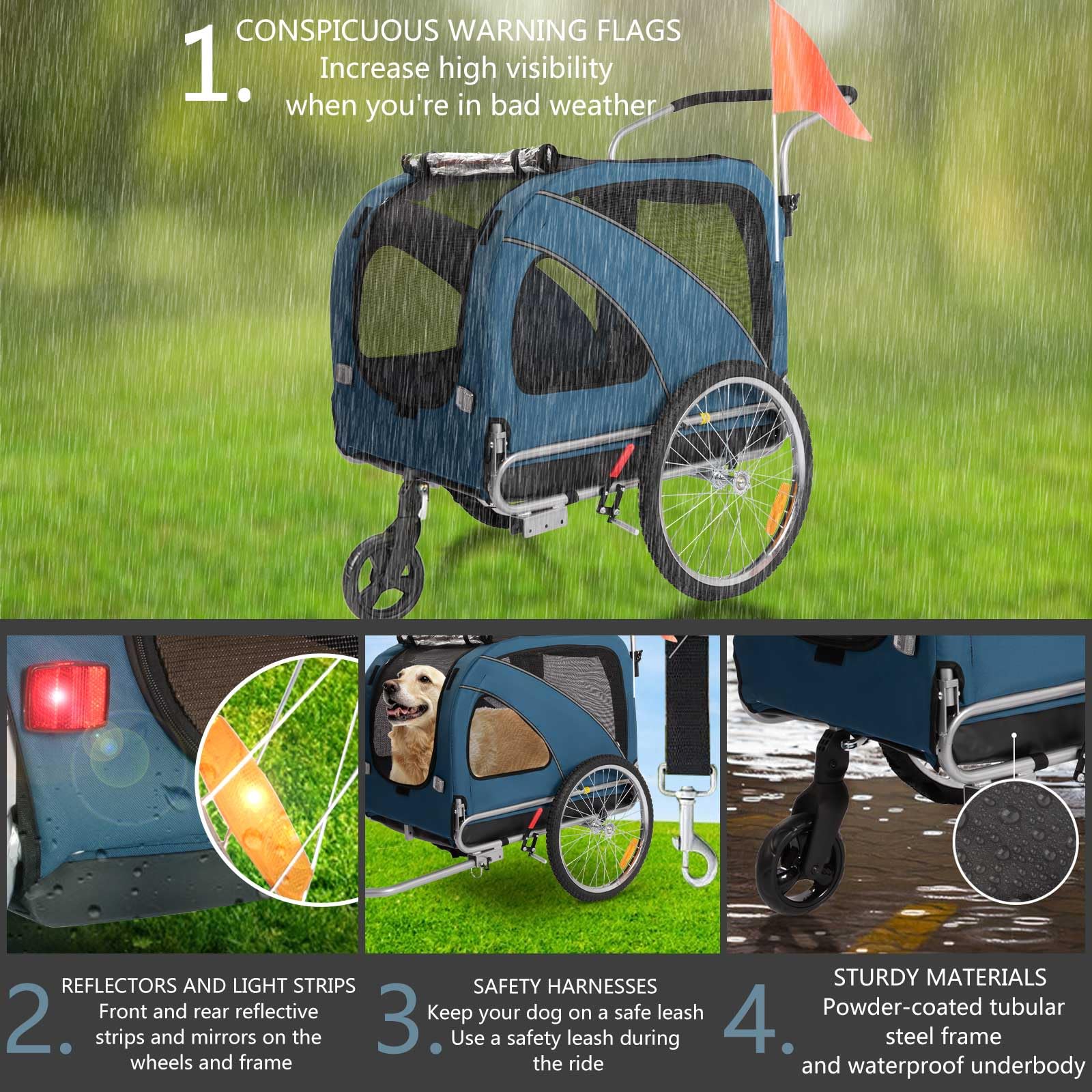 Sepnine 2-in-1 Large Dog Bike Trailer & Pet Stroller - Foldable Frame with Hand Lock Brakes & Universal Bicycle Coupler (Blue) - Perfect for Cycling, Jogging & Outdoor Adventures with Your Dog