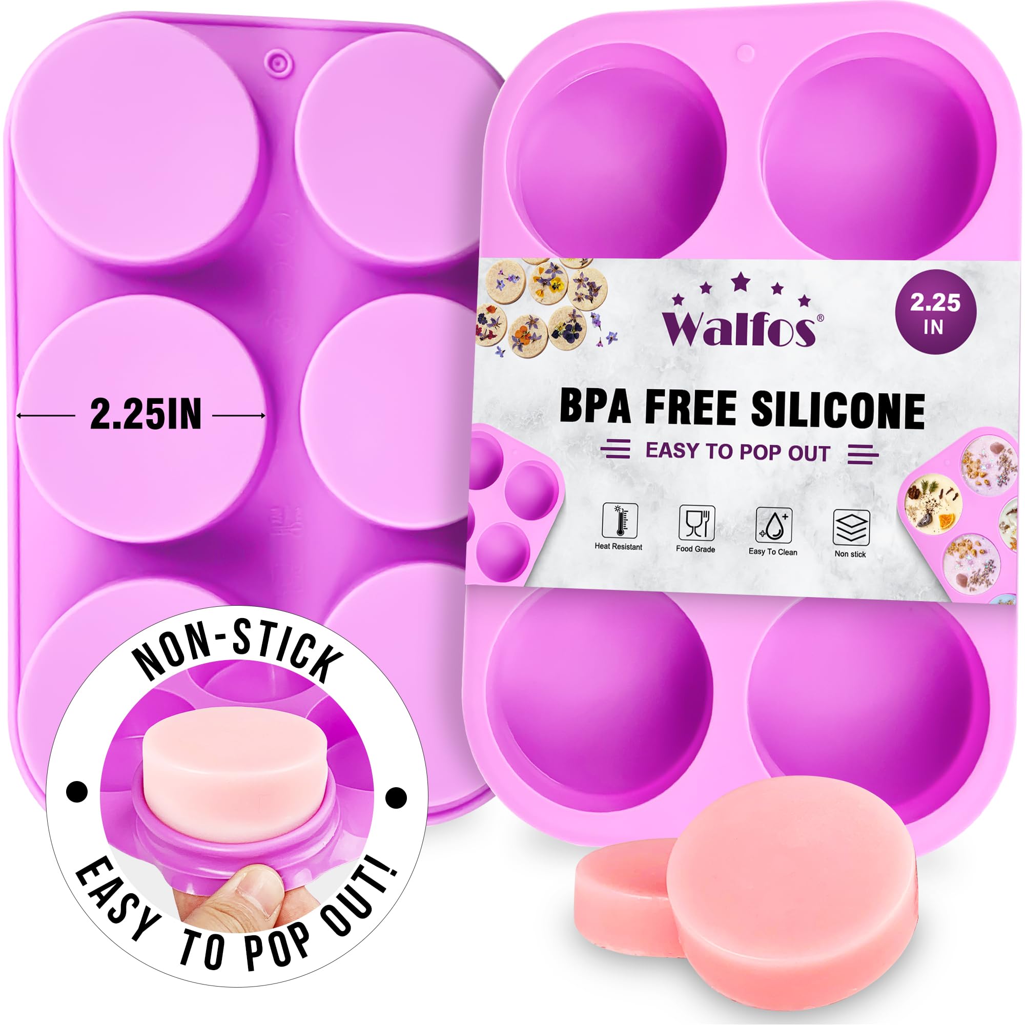 Walfos Round Silicone Soap Molds - BPA Free Non-Stick Circular Soap & Candle Molds (Set of 2, Purple) - Perfect for DIY Soap Making, Candles, Cookies, Oreos, Candy, Pudding & Jello - Great for Home Crafts, Gifts & Party Treats