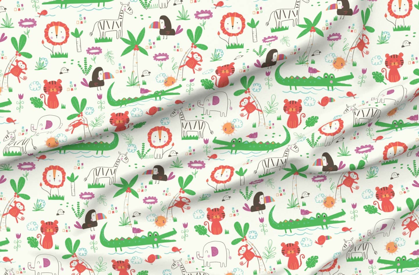 Safari Animal Print Chiffon Fabric - Bird, Fish, Tree, Jungle, Lion, Zebra, Monkey, Alligator Design - Fat Quarter for Sewing, Fashion Apparel, Dresses & Home Decor - Perfect for DIY Projects, Quilting, and Bohemian Style Decorations