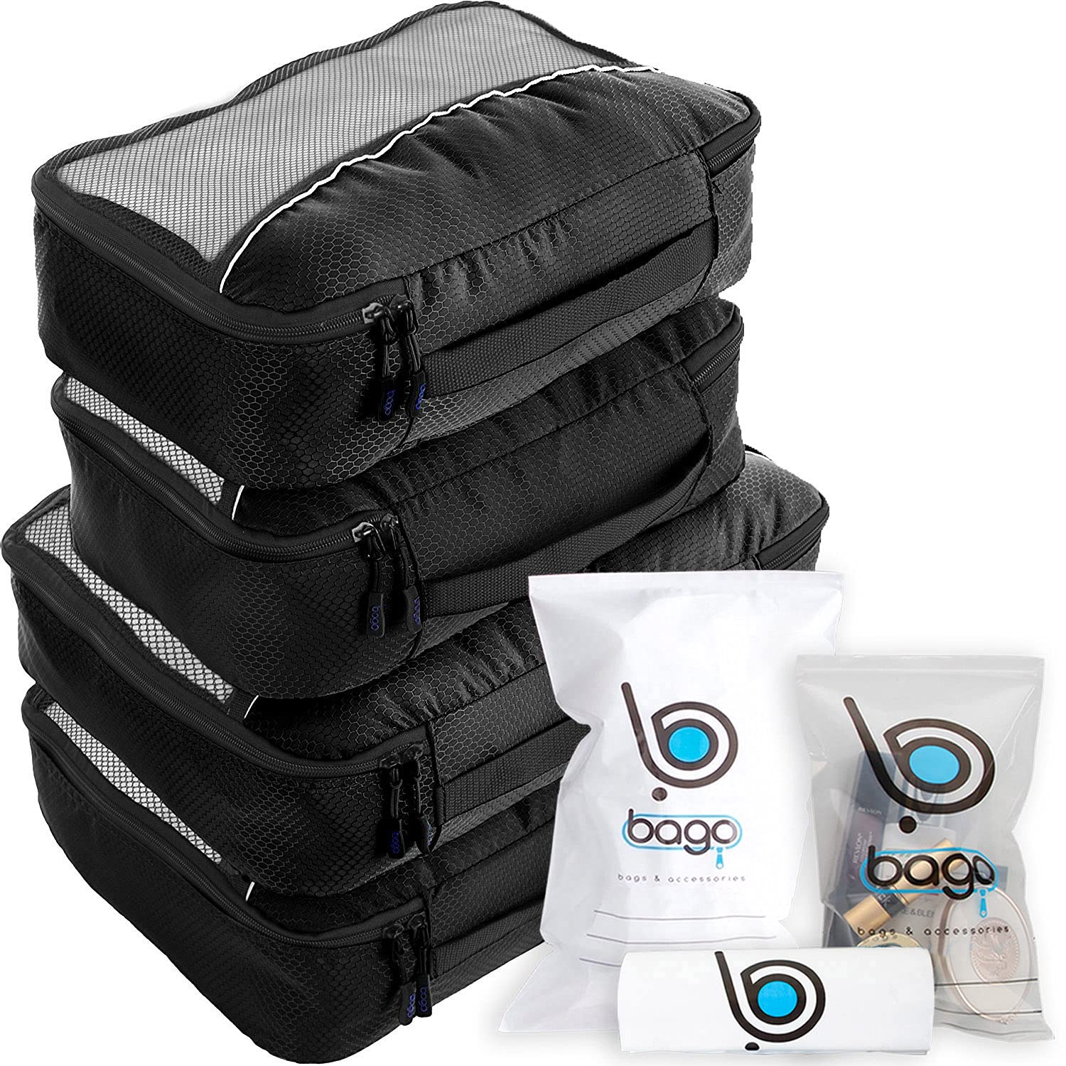 Bago 7-Piece Packing Cubes Set for Suitcases & Travel Bags - Compression Luggage Organizers with 4 Travel Cubes & 3 Zippered Bags (Black) - Perfect for Business Trips, Vacations & Weekend Getaways