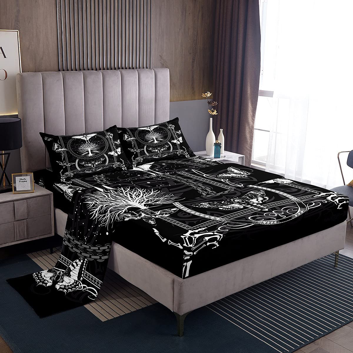 Gothic Moth & Skeleton Skull Print Queen Size Bedding Set 4pc - Deep Pocket Fitted Sheet, Flat Sheet & 2 Pillowcases - Black & White Horror Theme Bed Sheets for Teens, Boys, Kids - Perfect for Halloween Decor, Gothic Bedroom & Dark Aesthetic Room Design