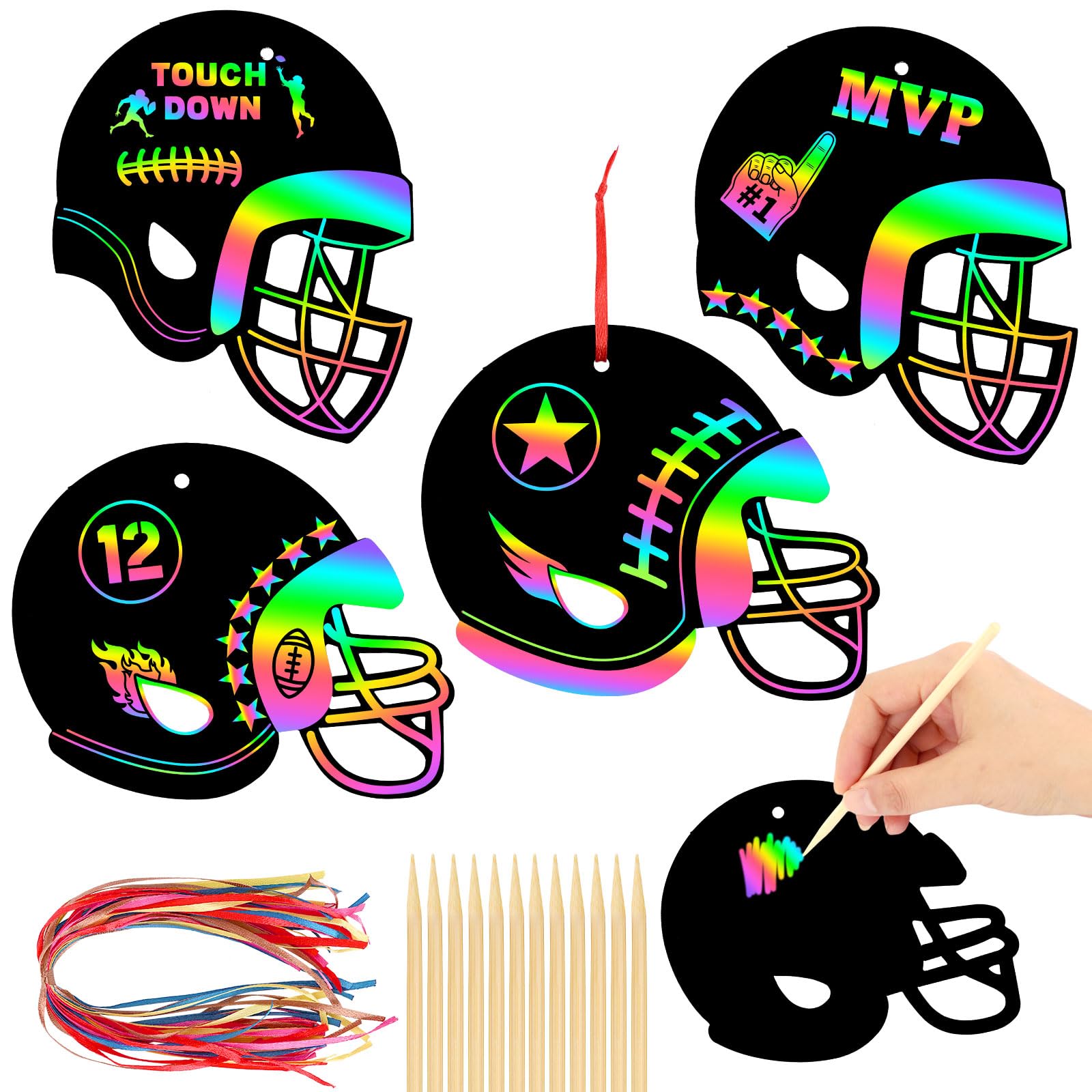 JULMELON 36 PCS Football Crafts Kit for Kids - Rainbow Scratch Paper Art, Football Helmet Scratch Off Cards - Perfect for Football Themed Birthday Parties, School Activities & DIY Sports Crafts