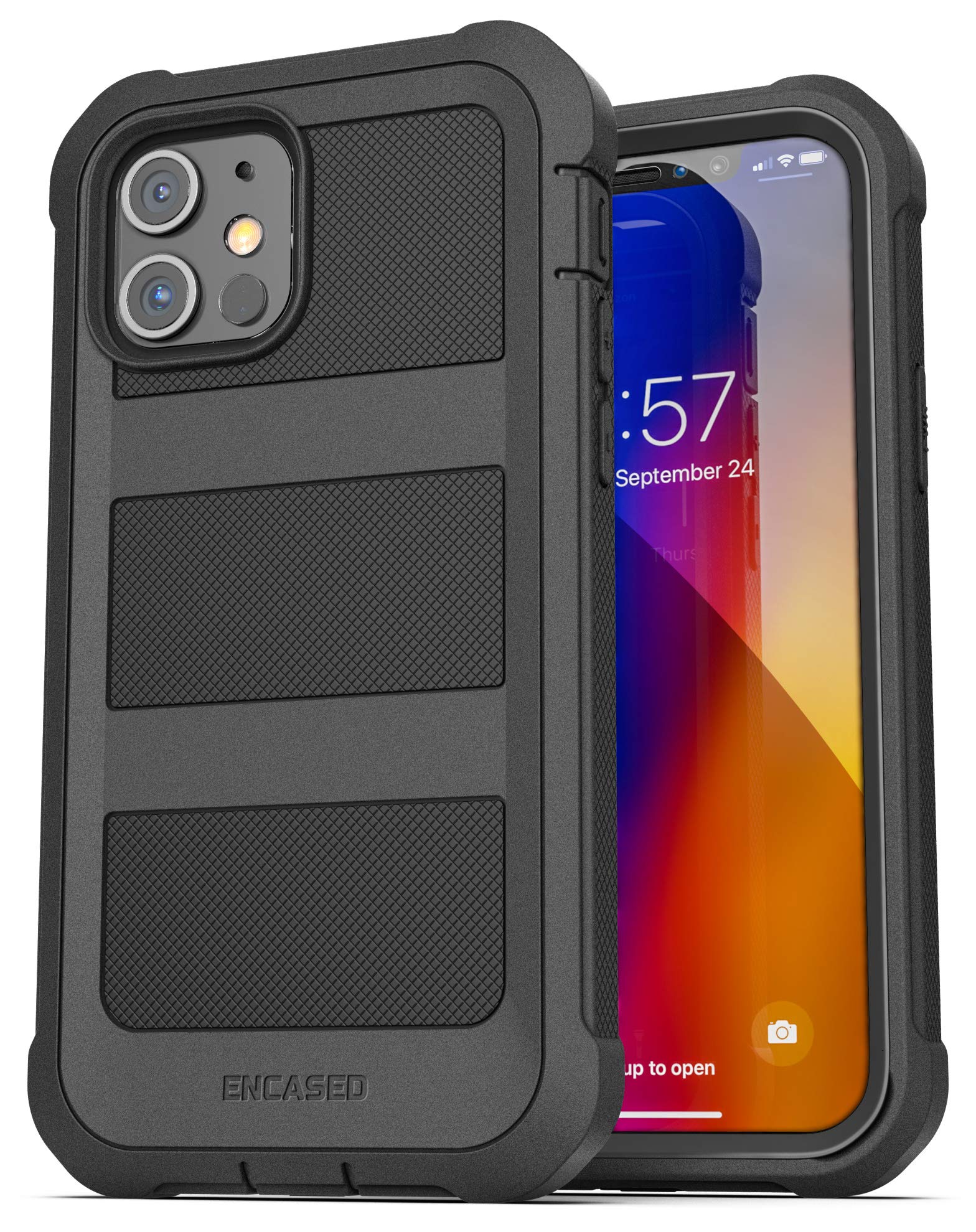 ENCASED Falcon Armor iPhone 12 Mini Case with Built-in Screen Protector | Shockproof Full Body Protection | Slim Fit Matte Black Cover | Perfect for Outdoor Activities & Daily Use