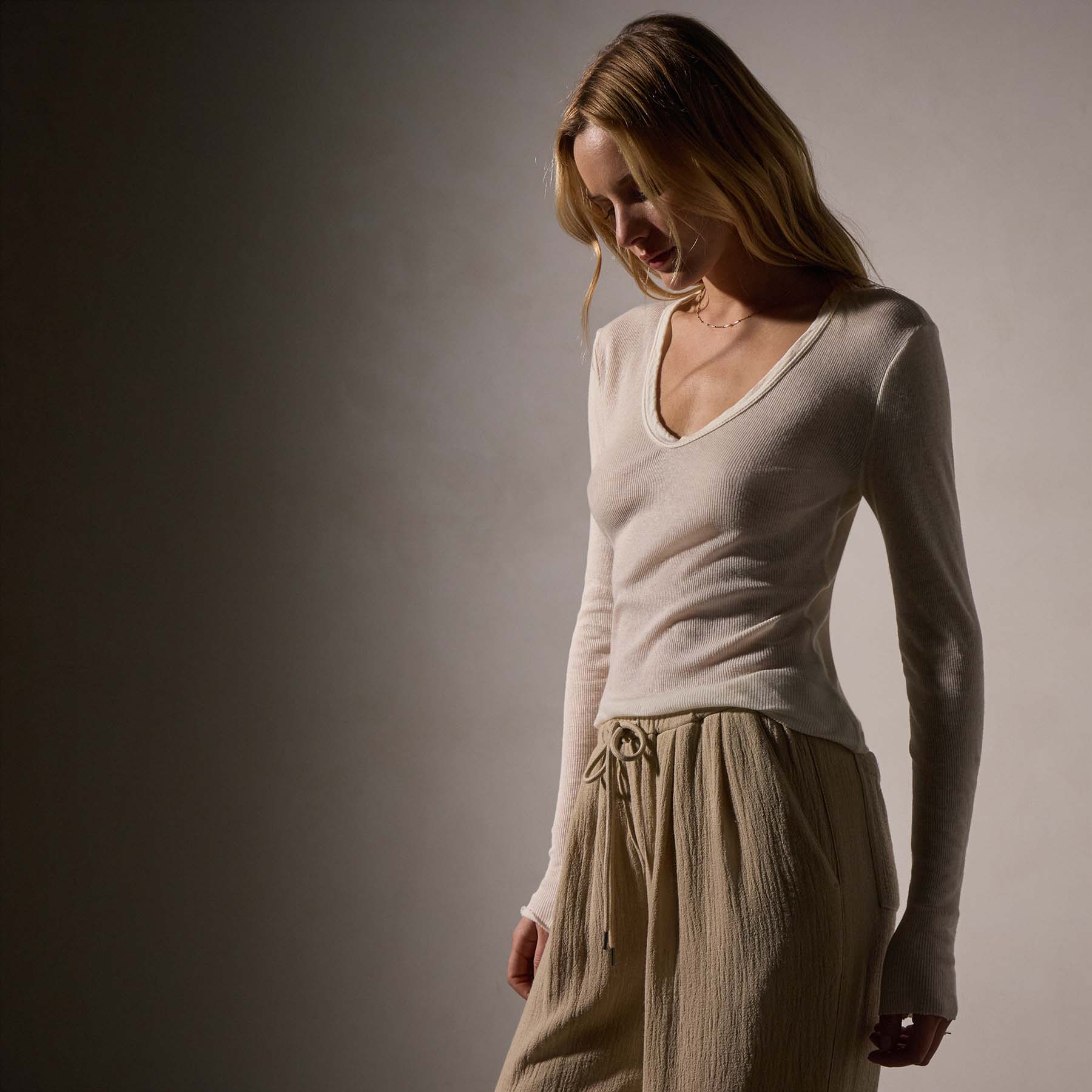 Soft Cotton Cashmere Blend Deep V Neck T-Shirt for Women - Ivory - Comfortable & Stylish for Casual Wear, Layering & Everyday Outfits