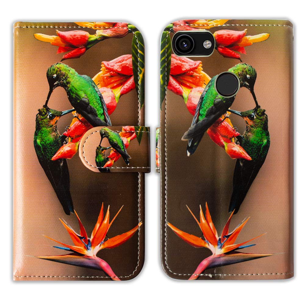 Premium Green Hummingbird Leather Flip Wallet Case for Google Pixel 3a - RFID Blocking Card Slots & Kickstand | Perfect for Business Travel, Daily Commute & Hands-Free Viewing