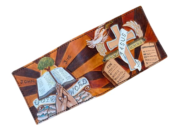 Handmade Christian Themed 3D Genuine Leather Bifold Wallet for Men - Custom Personalized Carved & Tooled Airbrush Art - Perfect Gift for Baptism, Weddings & Religious Occasions