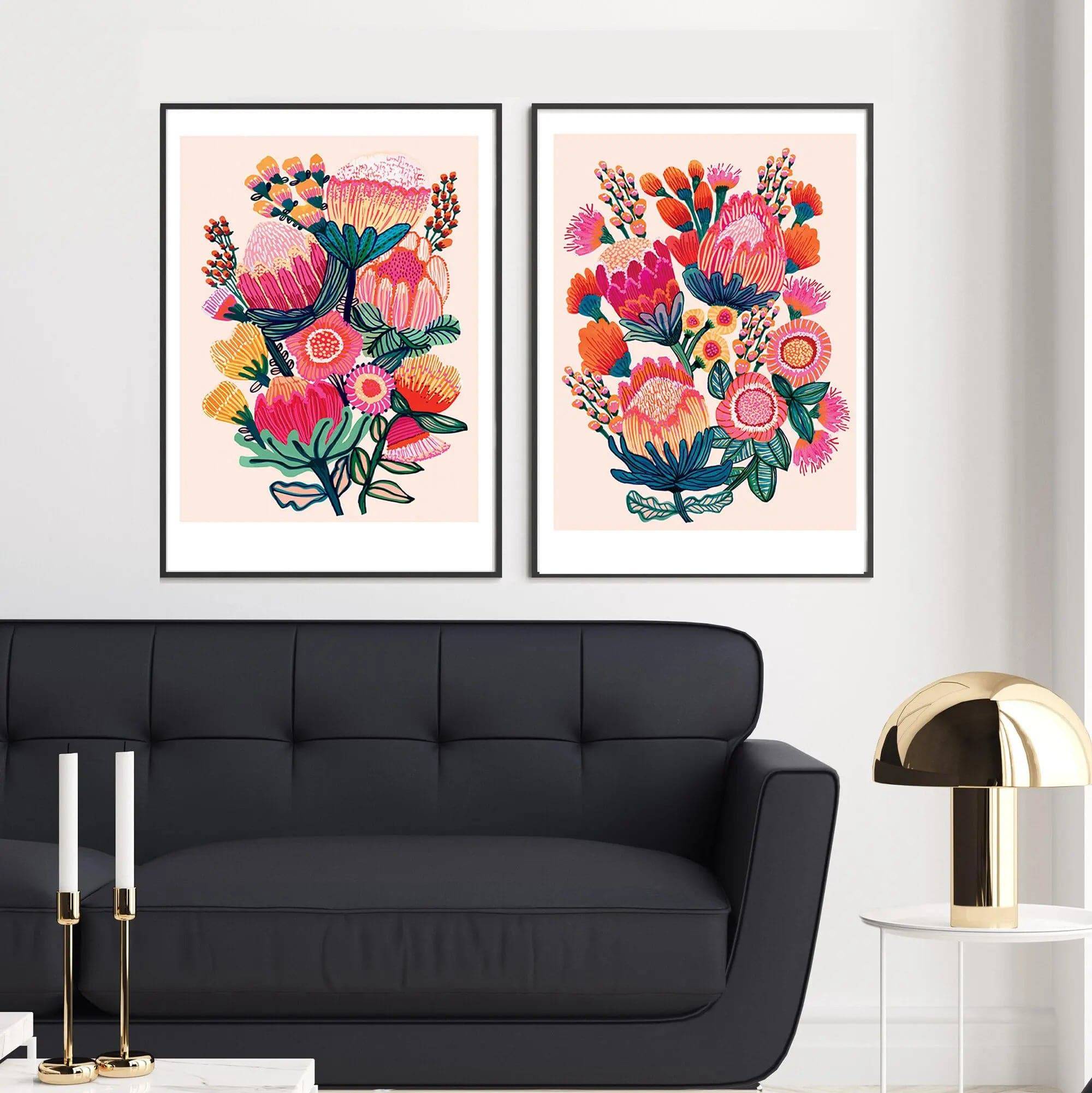 Australian Native Flowers Wall Art Prints - Set of 3 Framed Botanical Paintings for Living Room, Bedroom & Office Decor