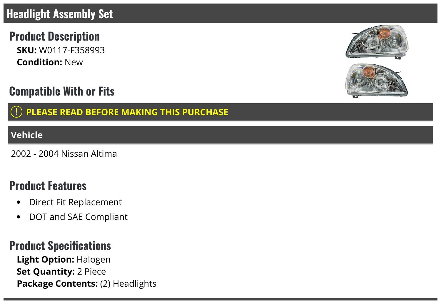 2002-2004 Nissan Altima Headlight Assembly Set - 2 Piece Replacement Headlights for Improved Night Visibility - Perfect for Driving, Commuting & Road Trips