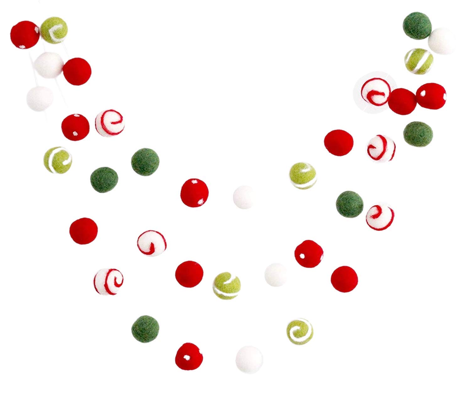 Christmas Felt Ball Garland - 9ft Holiday Decoration with Red, Green & White Swirl Dots - 2.5cm Wool Felt Balls for Tree, Mantel & Party Decor | Sheep Farm Felt