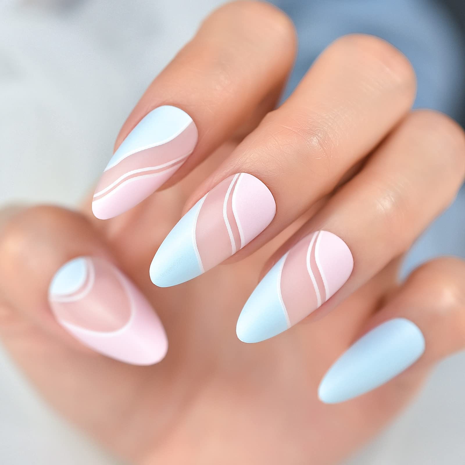 24pcs Press On Nails - Glossy Almond Medium Length with Pink & Blue Ripple Design, Reusable Acrylic False Nails for Manicure | Perfect for Daily Wear, Office & Home Use | Easy DIY Nail Art for Women & Girls