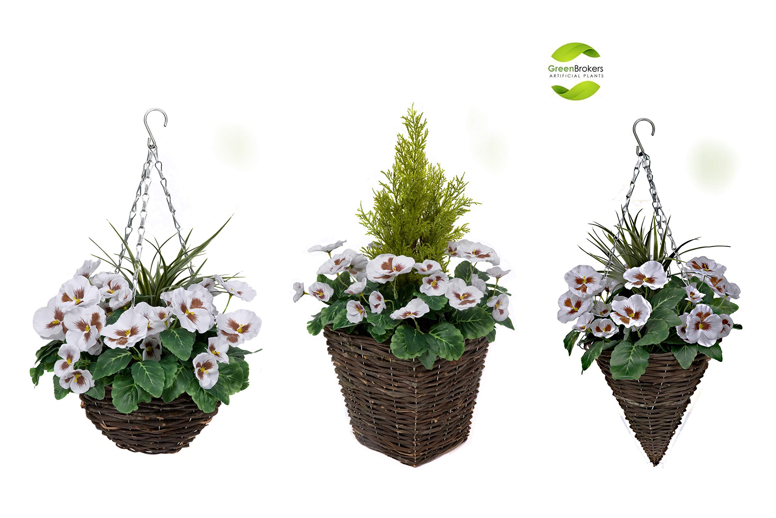 White Artificial Cone Shaped Hanging Baskets with Flowers & Decorative Grasses - Set of 2 | Outdoor Garden Decor, Porch Hanging Planters, Patio Decoration