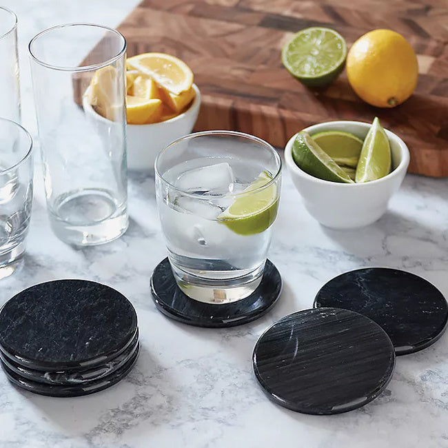 Fox Run Black Marble Coasters Set of 6 - Elegant Drink Coasters for Home Bar, Coffee Table, and Office Desk Protection