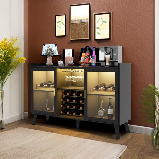 Modern Wine Bar Cabinet with LED Lighting - Freestanding Kitchen Buffet Sideboard with Wine Rack & Glass Storage - Elegant Home Coffee Station & Liquor Cabinet for Living Room, Dining Room (Black) - Perfect for Entertaining Guests & Stylish Home Decor