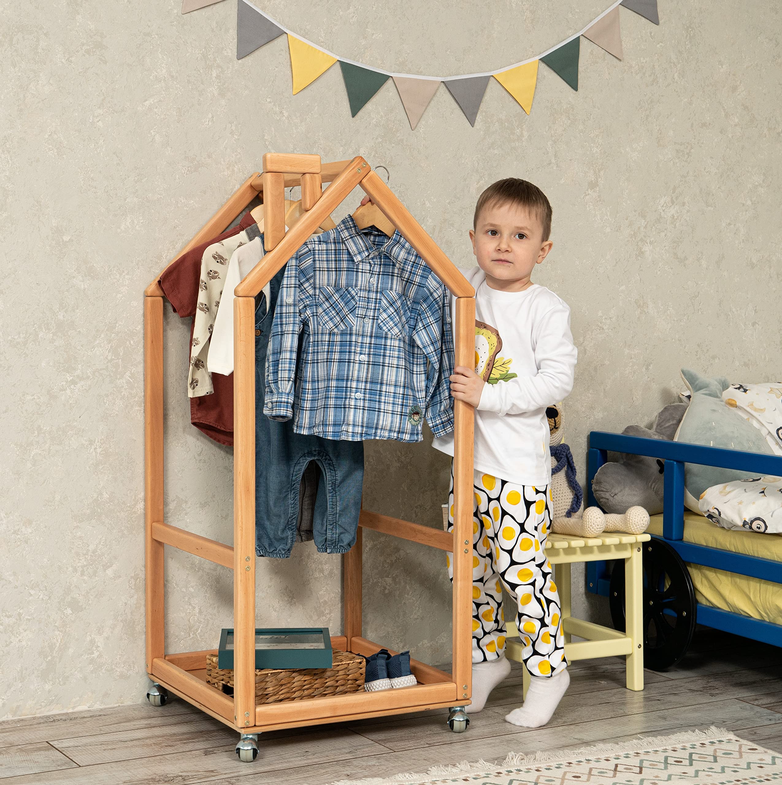 BUSYWOOD Kids Clothes Rack - Adjustable Wooden Toddler Wardrobe with Wheels | Montessori Clothing Organizer & Storage for Children's Clothes | Perfect for Bedroom, Playroom & Daycare Organization