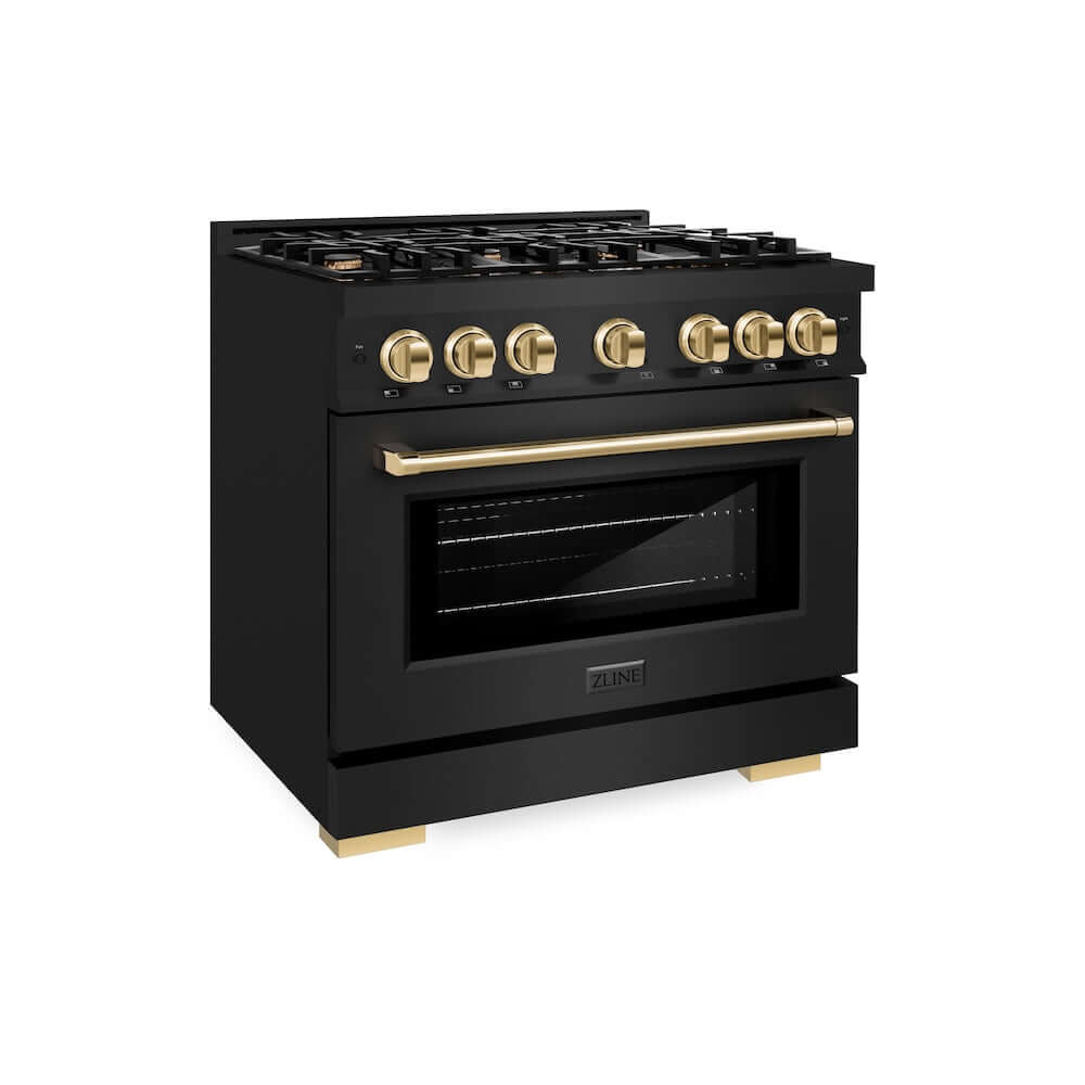 ZLINE Autograph Edition 36 Inch 5.2 Cu Ft Dual Fuel Range - 6 Burner Gas Cooktop & Electric Convection Oven - Black Stainless Steel with Polished Gold Accents - Professional Kitchen Appliance for Home Chefs & Cooking Enthusiasts (HDRBZ 36 G)