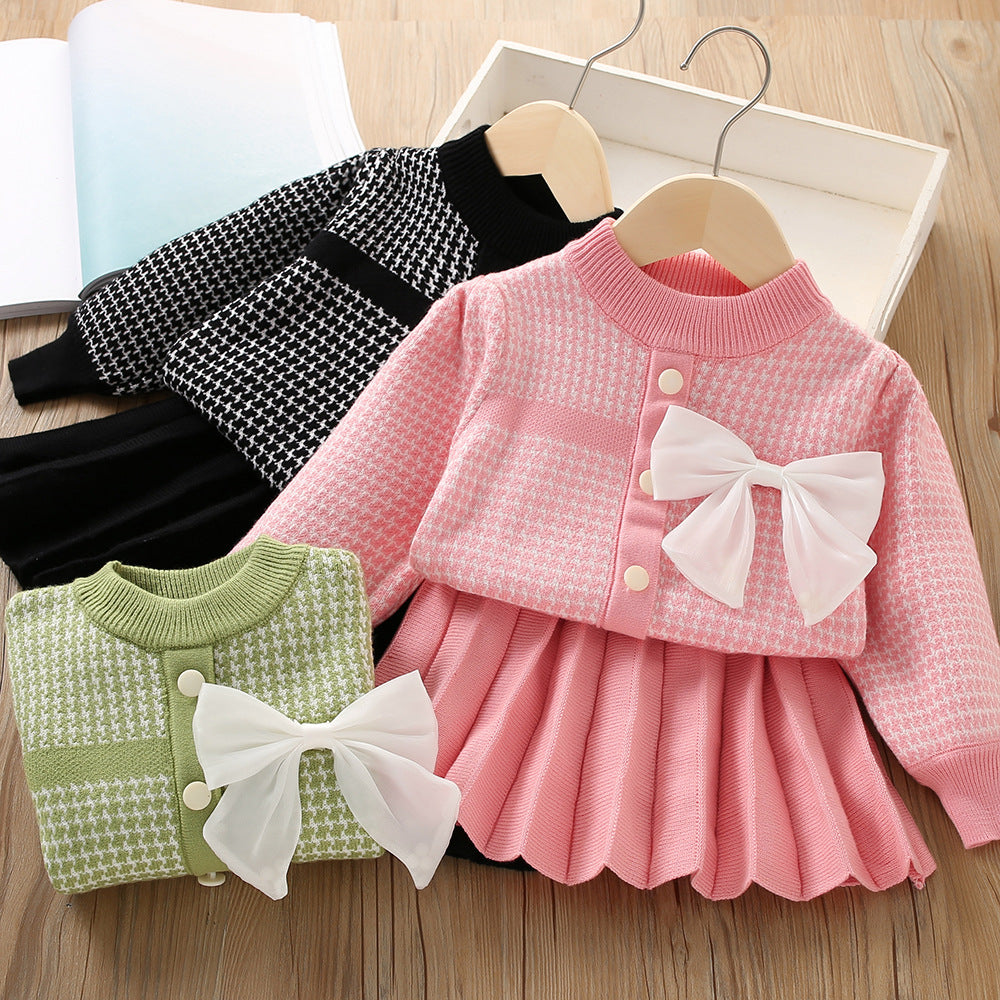 Elegant Bow Knitted Long Sleeve Princess Sweater Two-Piece Set for Girls | Winter Outfit for Parties & Family Photos