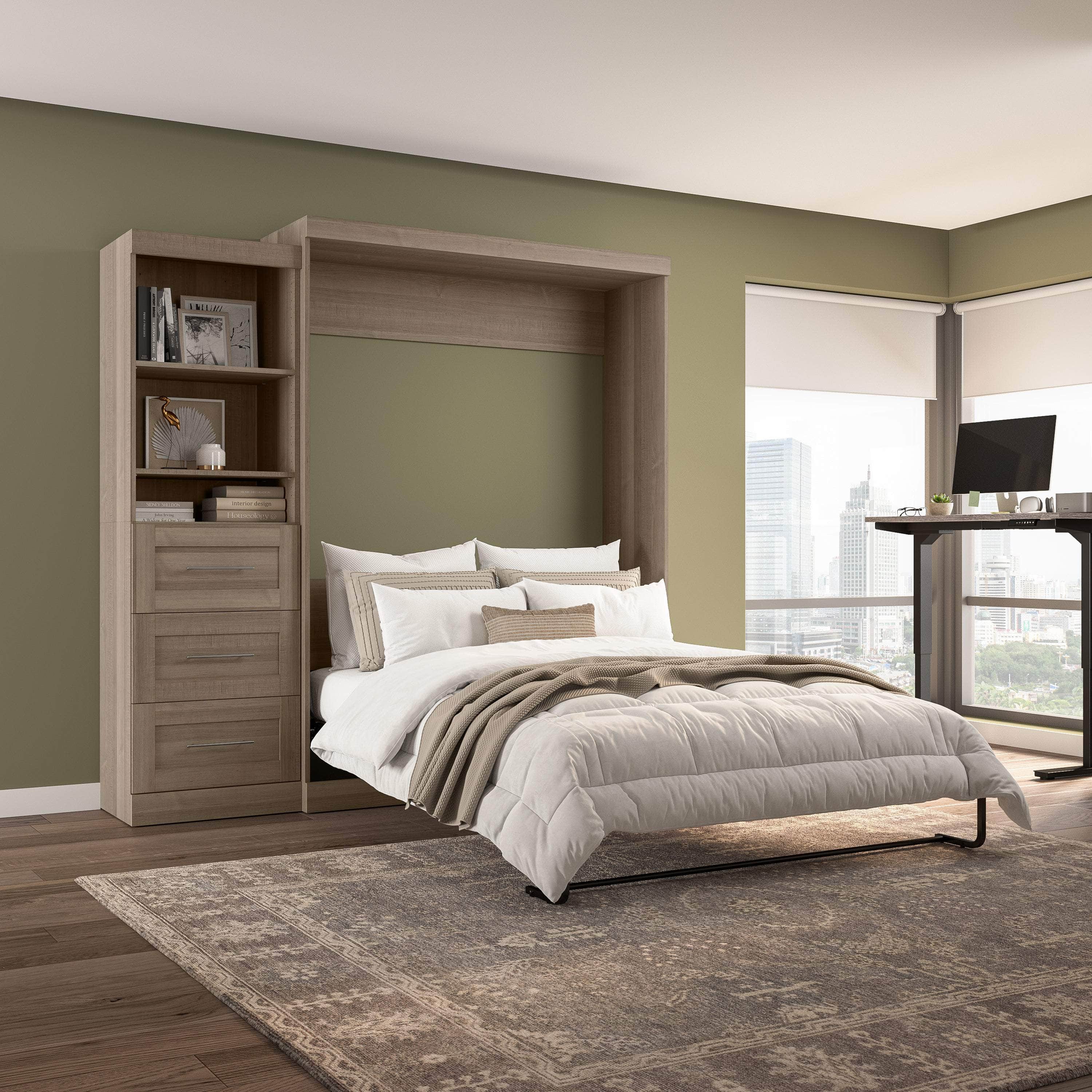 Queen Murphy Wall Bed with Storage Drawers - Space-Saving Foldable Bed for Small Rooms, Apartments & Guest Rooms (90