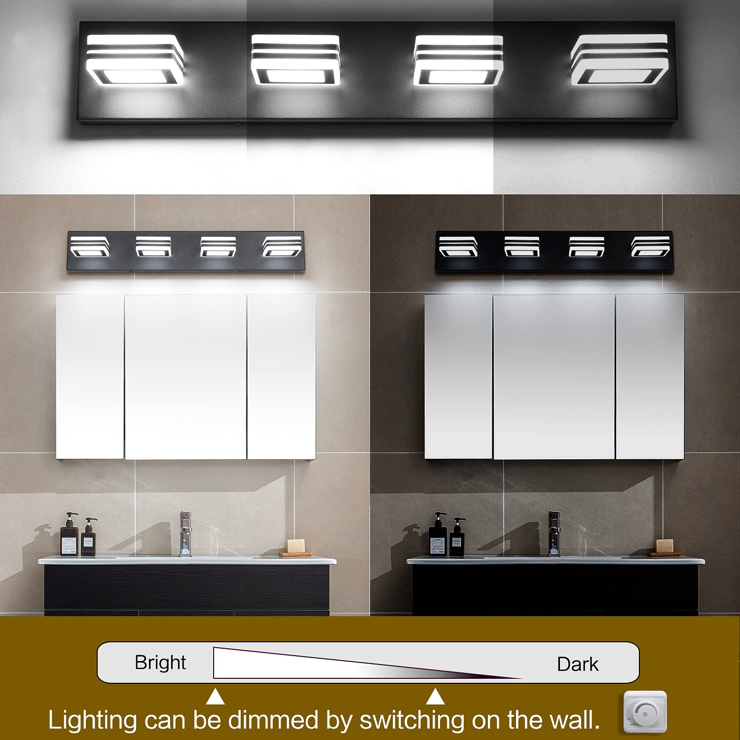 Modern Black LED Vanity Lights - 4 Dimmable Bathroom Fixtures for Mirror