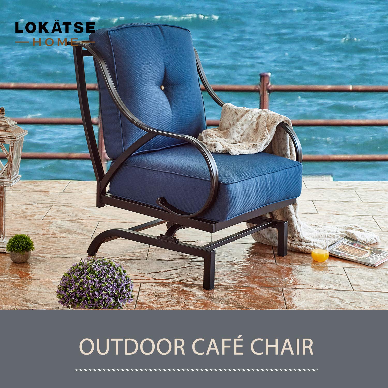 LOKATSE HOME Outdoor Bistro Chair - Wrought Iron Patio Furniture with Thick Cushions & Curved Armrests - Weather-Resistant Metal Conversation Armchair in Blue - Perfect for Garden, Deck, Poolside & Outdoor Dining Areas