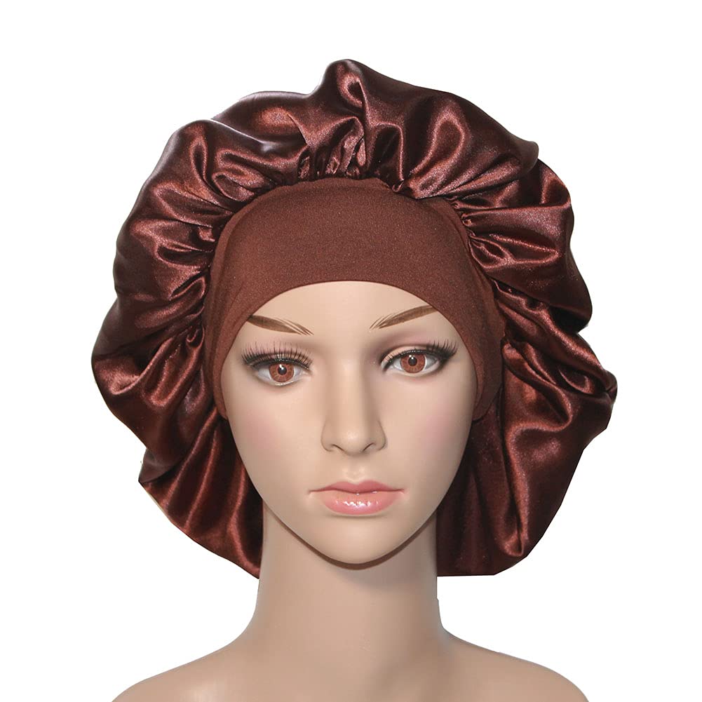 VEYRNEIC Satin Sleep Bonnet for Women - Wide Elastic Band Silk Night Cap for Braids, Natural Hair & Chemo - Includes Satin Storage Bag (Brown) | Perfect for Sleeping, Showering & Hair Protection