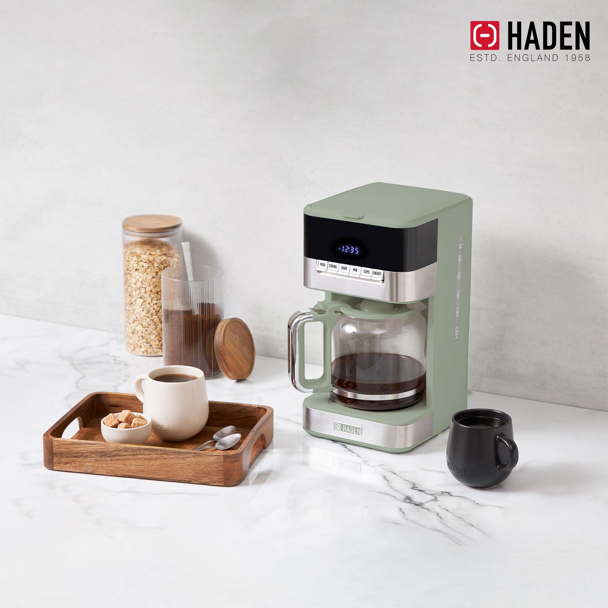 Haden Programmable 12-Cup Drip Coffee Maker with Glass Carafe - Green & Chrome Stainless Steel - Perfect for Home, Office, and Cafe Use