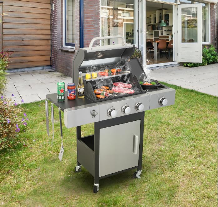 4 Burner Propane Gas BBQ Grill - Stainless Steel Outdoor Grill with Enameled Cast Iron Grids & Rectangular Griddle - 46,790 BTU (3+1 Burner) - Perfect for Patio, Garden, Backyard, Camping & Tailgating Parties