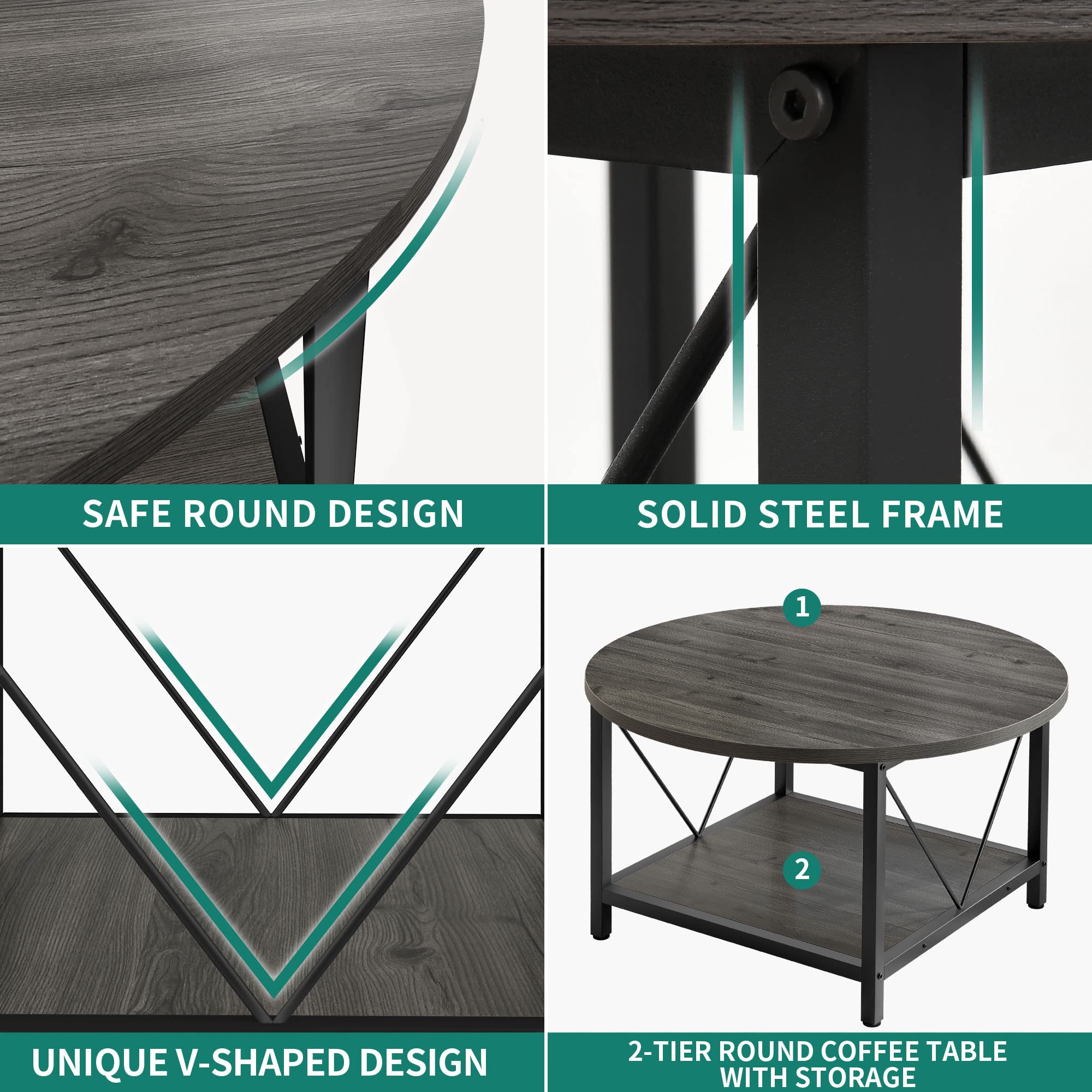 YITAHOME Modern Round Coffee Table with Storage - 2 Tier Wooden Circle Center Table with Metal Frame, Gray - Perfect for Living Room, Small Spaces & Home Decor