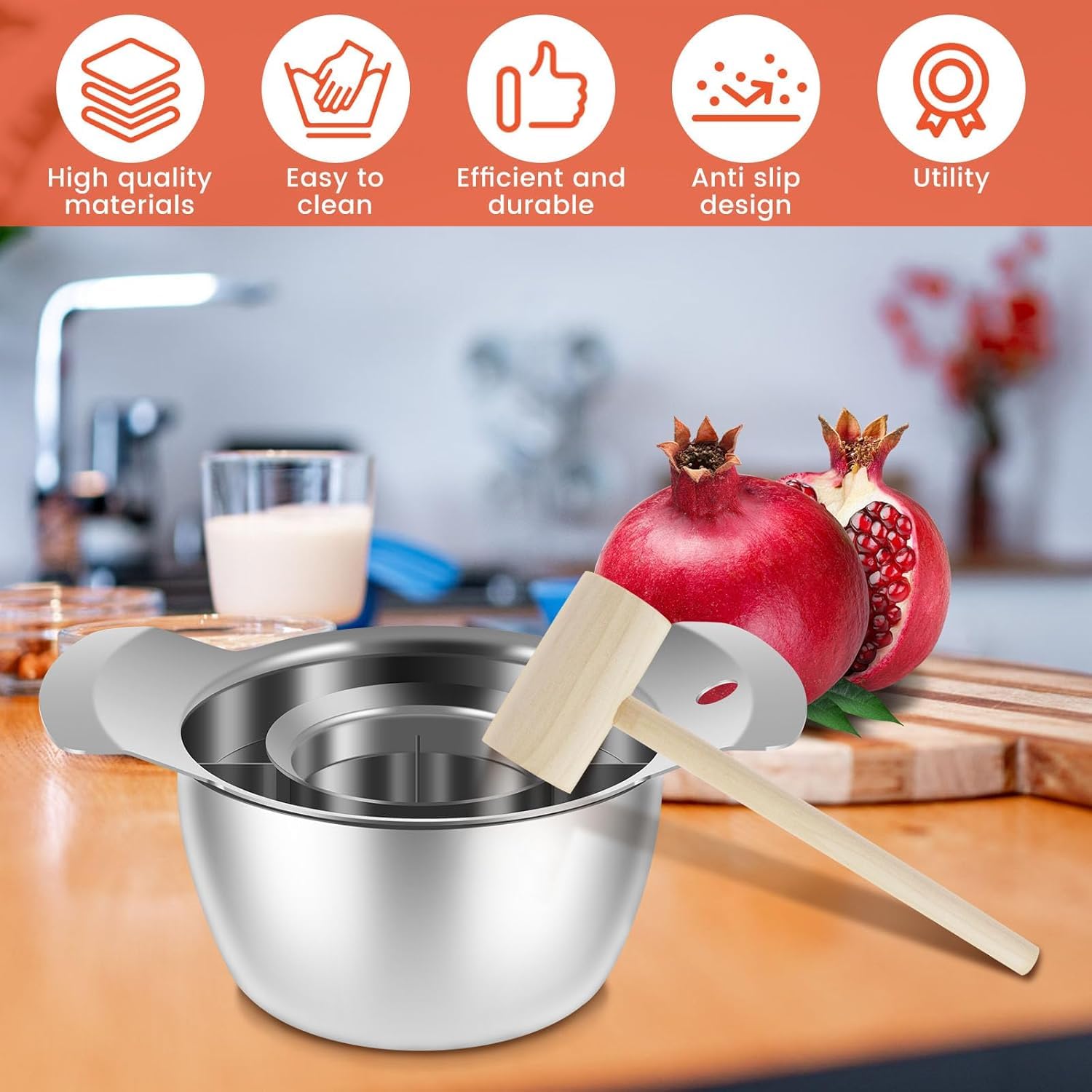 Premium Stainless Steel Pomegranate Deseeder & Peeling Tool Set with Bowl & Wooden Hammer - Efficient Pomegranate Aril Removal for Smoothies, Salads & Healthy Snacks - Kitchen Gadget for Fruit Lovers (1 Set)