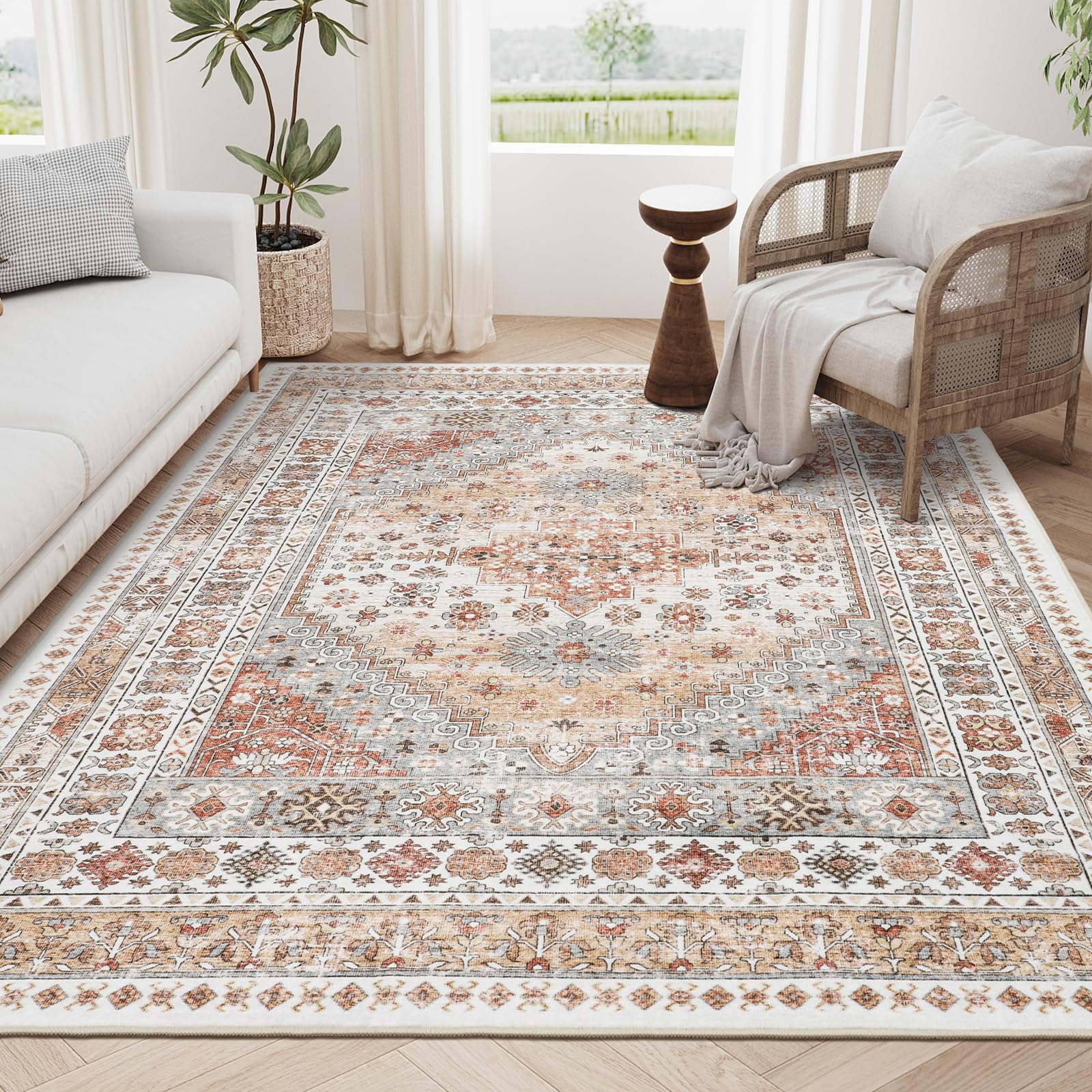 ZestHome 6x9 Area Rug - Ultra Soft Washable Vintage Rug for Living Room, Non-Slip Stain Resistant Thin Large Rug (Orange, 6'x9') - Perfect for Home Decor, Bedroom & Office