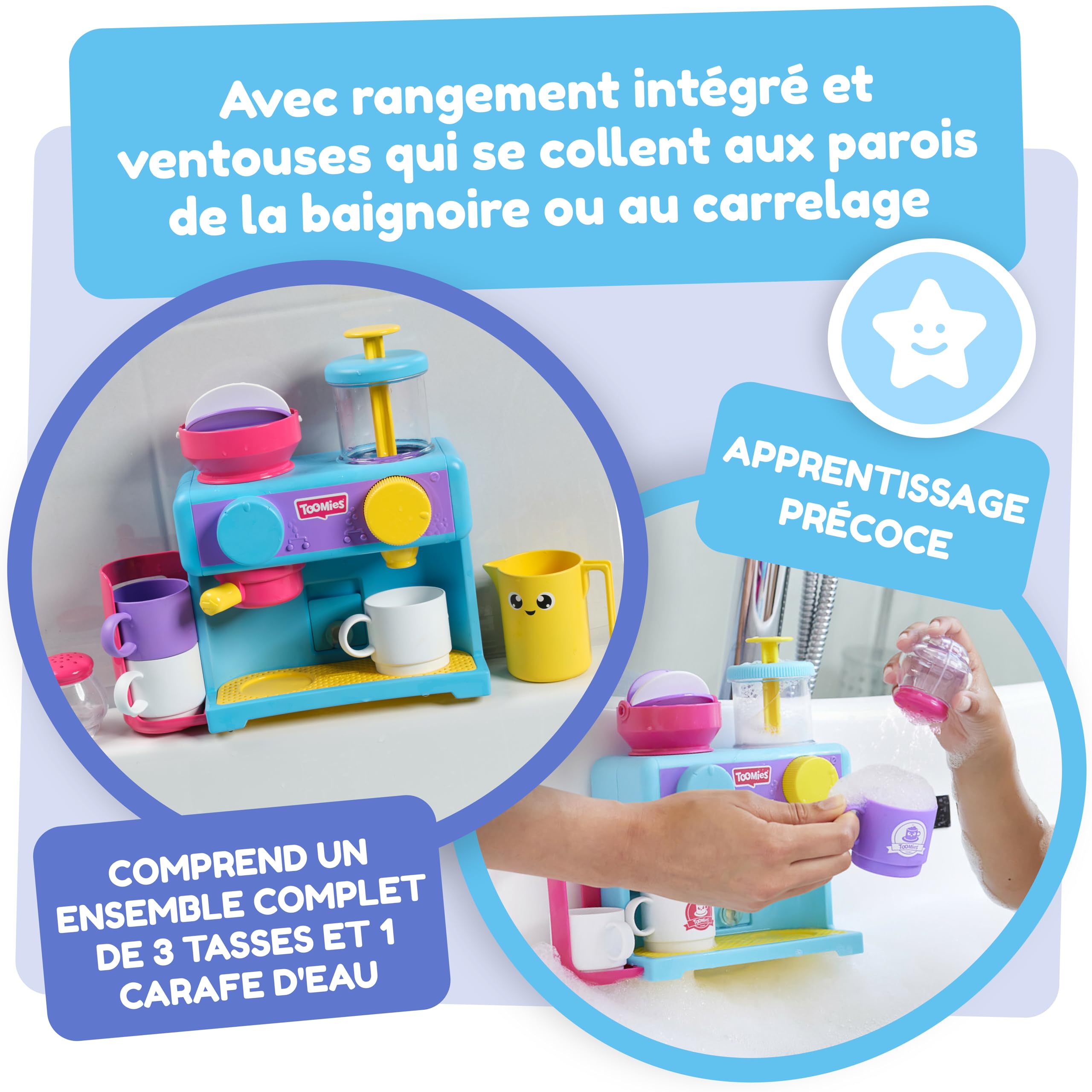 Toomies Bath Barista Pretend Play Cafe - Wall Mounted Bubble Bath Toy Kitchen Set for Toddlers 18+ Months - Includes 3 Cups, 1 Jug & 1 Shaker - Fun Pretend Coffee Shop & Kitchen Role Play for Boys & Girls - Perfect for Bathtime Play & Early Learning Development