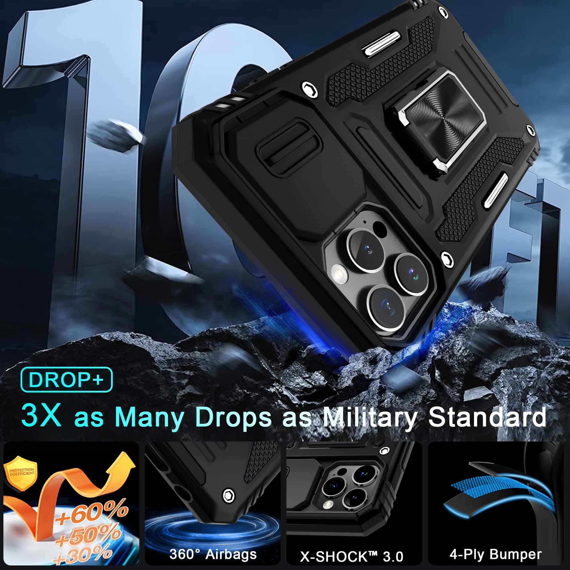 DEERLAMN iPhone 12 Pro Max Case with Slide Camera Cover & Screen Protector (6.7 Inch) - Military Grade Shockproof Protective Cover with Rotating Ring Kickstand - Black | Perfect for Outdoor Activities, Travel & Daily Protection
