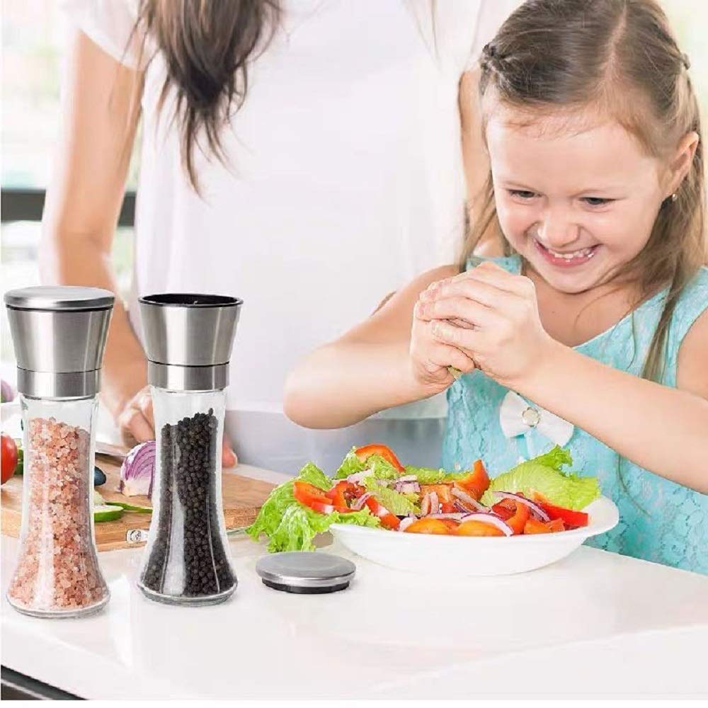 Premium Stainless Steel & Glass Salt and Pepper Grinder Set - Adjustable Coarseness, Refillable Tall Mills for Sea Salt, Black Peppercorn & Spices (2-Piece) - Perfect for Kitchen, Dining Table & Gourmet Cooking