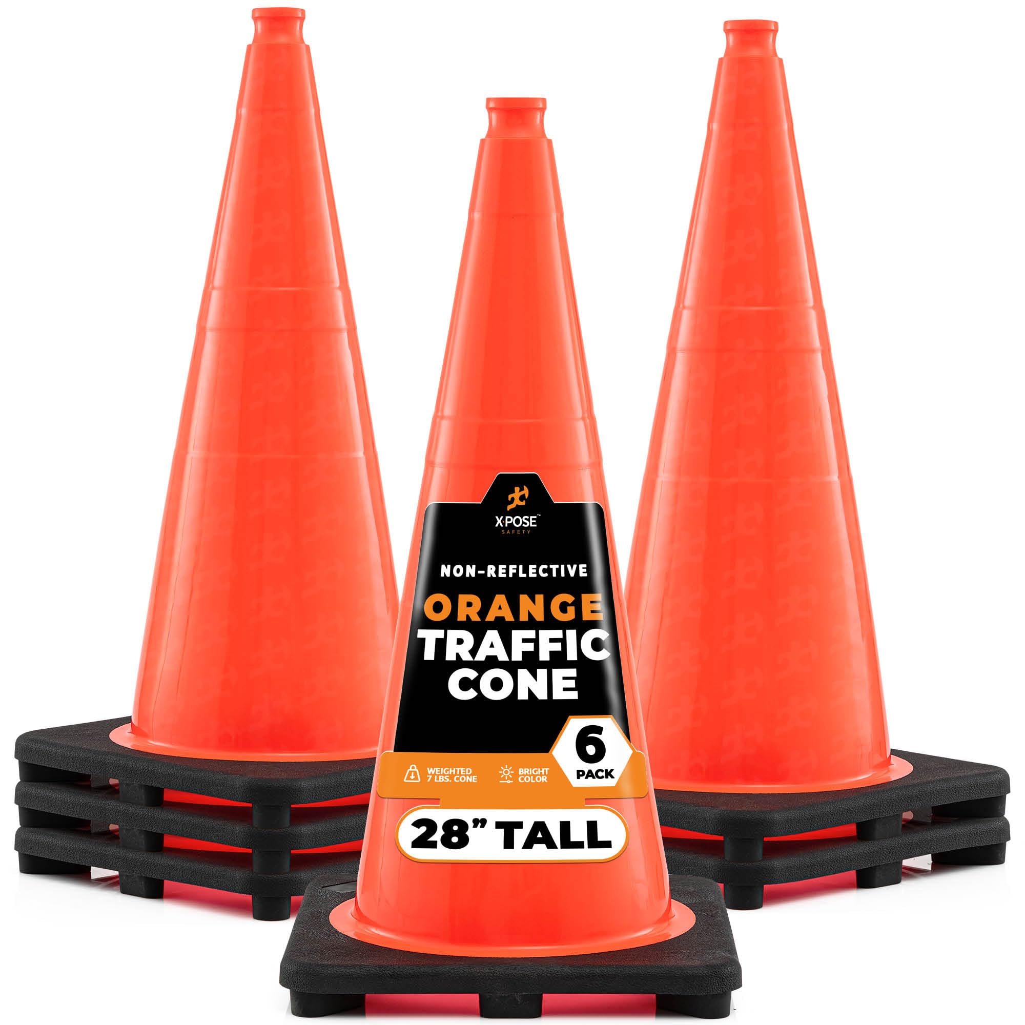 28 Inch Orange Traffic Cones, 6-Pack - Heavy Duty PVC Plastic Safety Cones for Parking Lots, Road Construction, Sports Fields & School Zones - MUTCD Compliant Safety Equipment - Perfect for Traffic Control, Soccer Practice & Hazard Warning