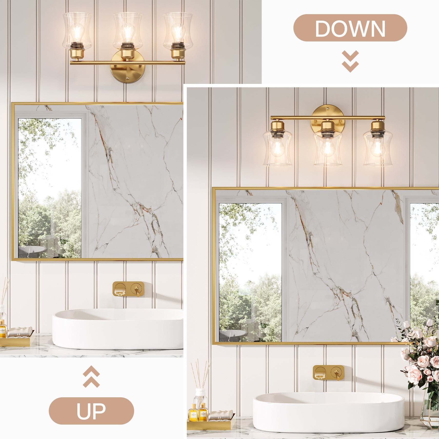 Modern 3-Light Bathroom Wall Sconce with Clear Glass Shades - Perfect for Vanity, Powder Room & Hallway Lighting
