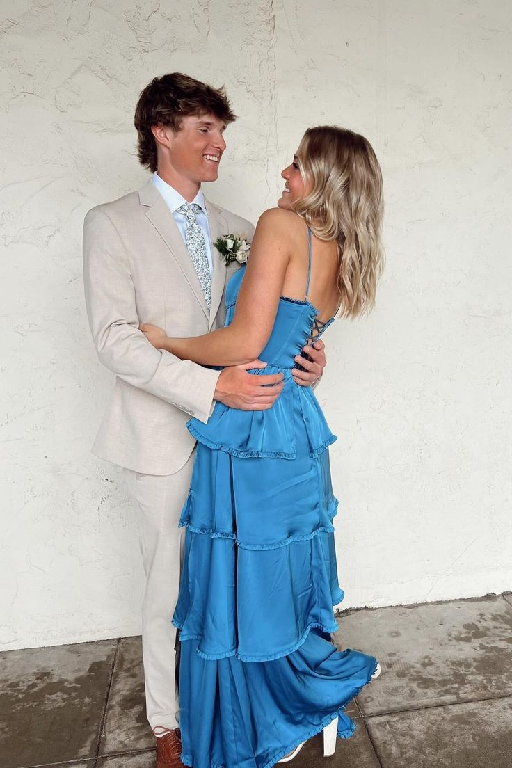 Elegant Blue A-Line Satin Prom Dress with Ruffle Detail - Perfect for Wedding Guest & Formal Events (Style J5367) | Homecoming, Cocktail Parties & Special Occasions