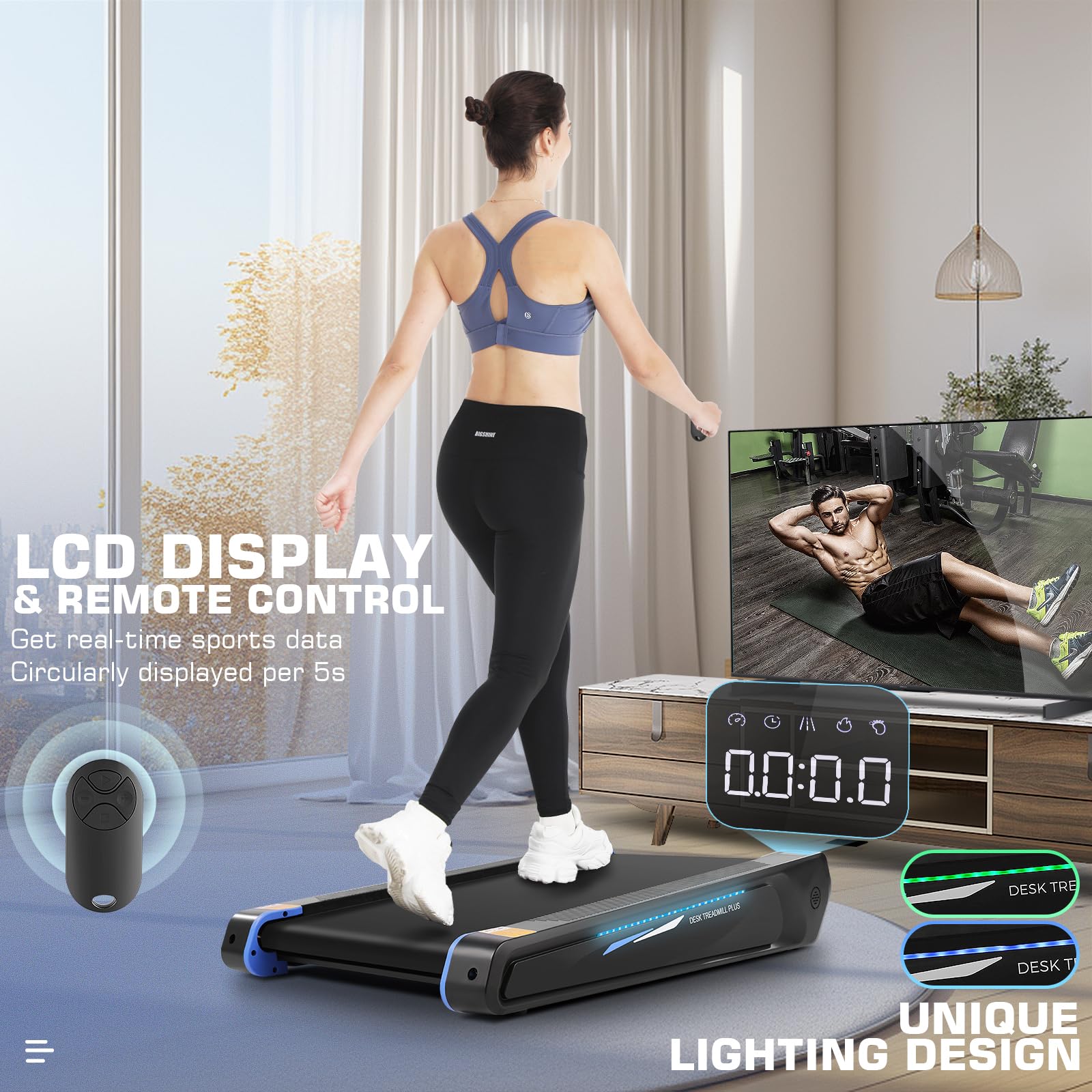FUNMILY Under Desk Treadmill - 2.5HP Compact Walking Pad with 5% Incline, 300lbs Weight Capacity & Remote Control - Space-Saving Home Office Treadmill with LED Lighting for Walking Workouts & Small Spaces