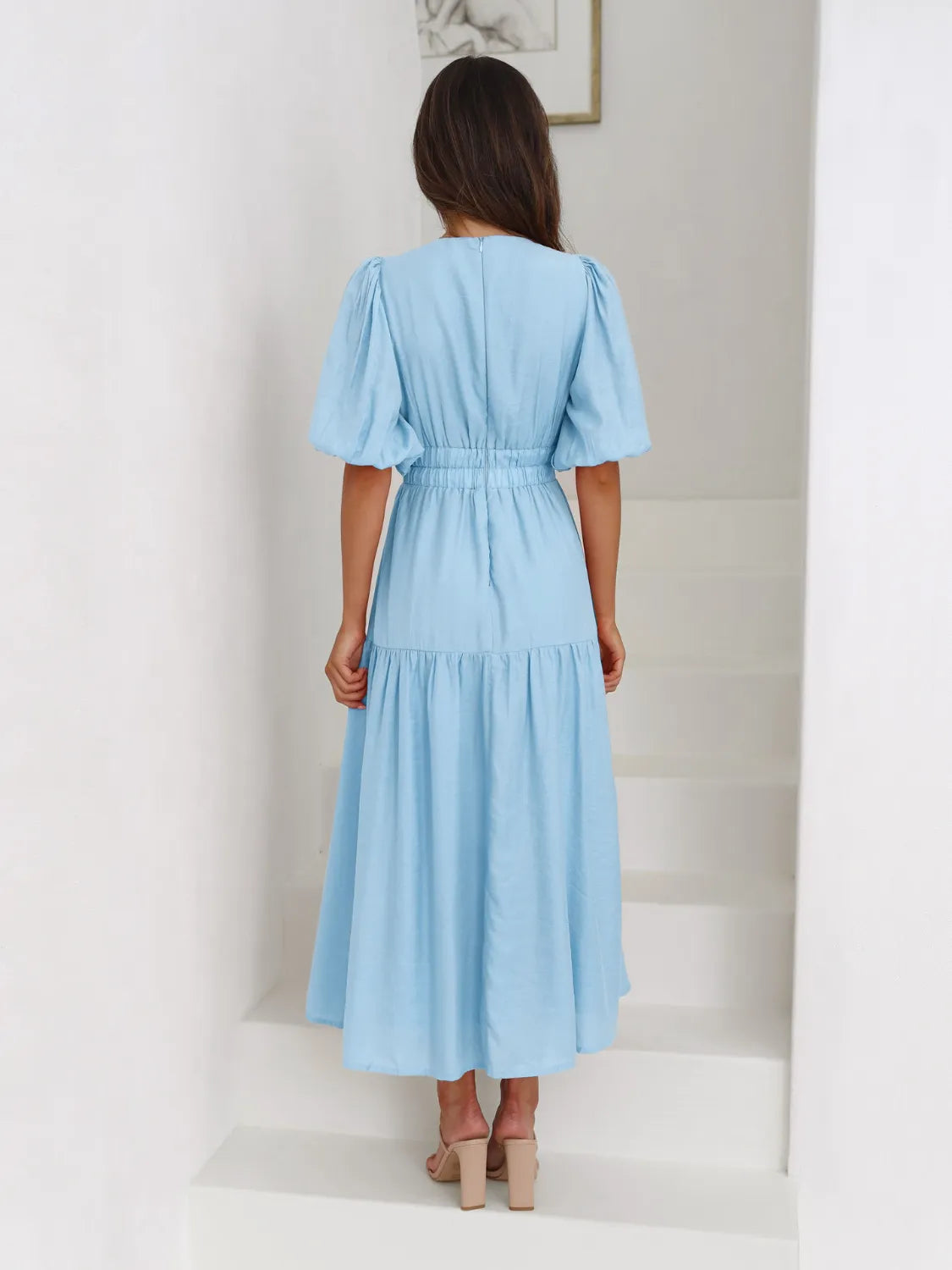 Elegant Surplice Neckline Half Puff Sleeve Midi Dress for Women | Flowy Summer Dress for Beach, Wedding & Cocktail Parties