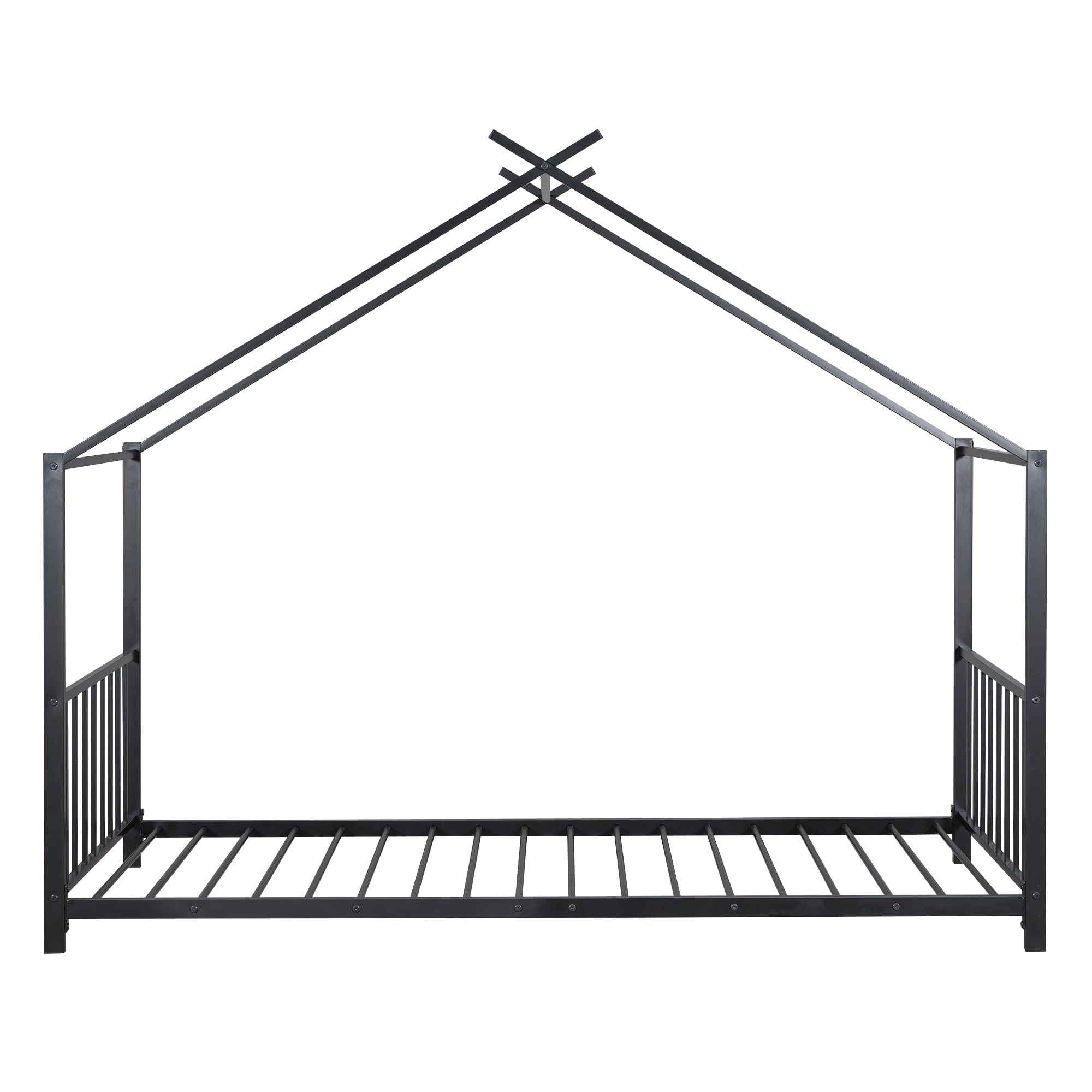 Montessori Twin Size Floor Bed for Kids - Sturdy Metal Frame with High Headboard & Roof Design - Perfect for Boys & Girls Bedrooms (Black) - Ideal for Montessori Learning & Cozy Sleep Spaces