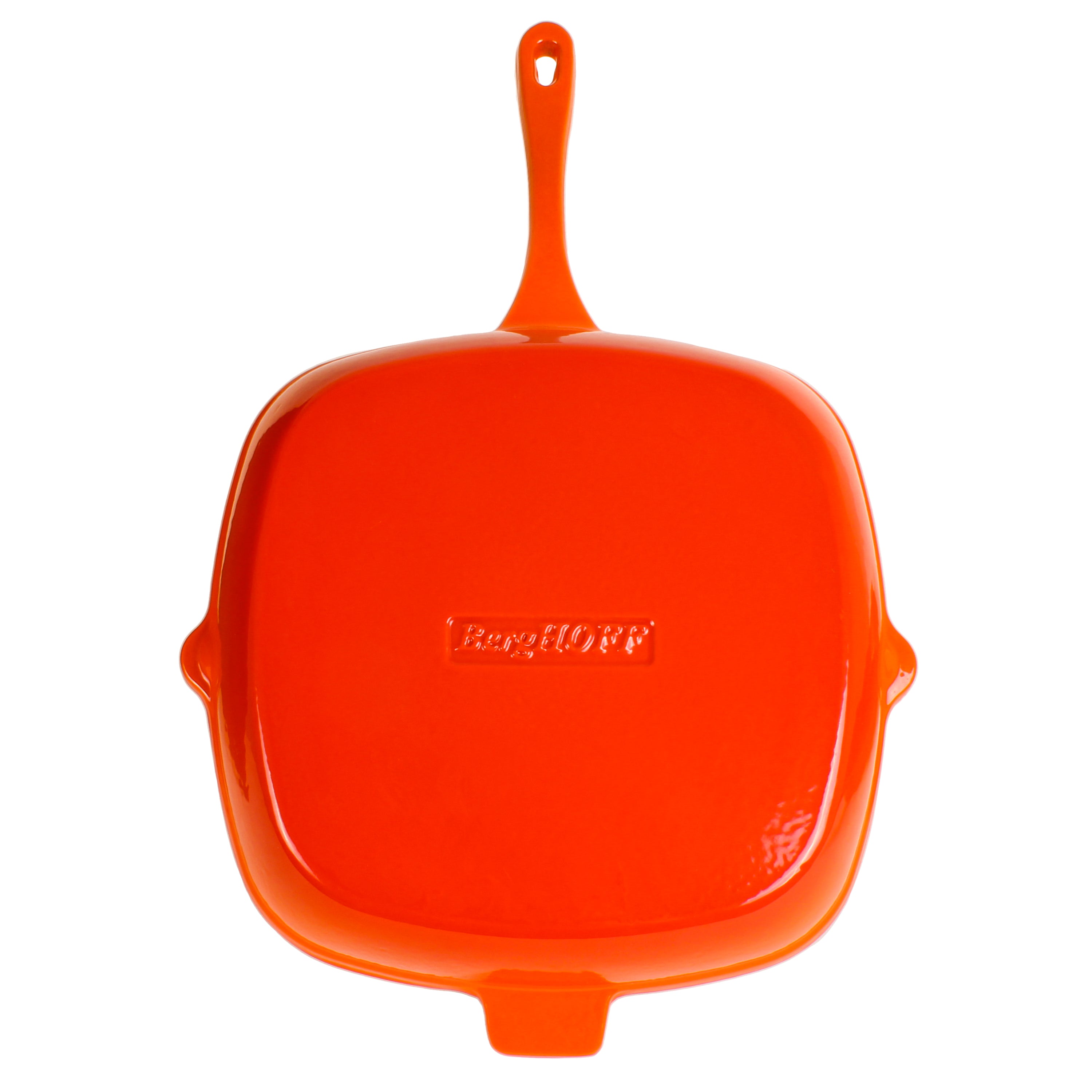 BergHOFF Neo Cast Iron Square Grill Pan 11 Inch - Premium Orange Grill Pan for Steak, Vegetables & More - Perfect for Indoor & Outdoor Cooking, BBQ, Camping & Kitchen Use
