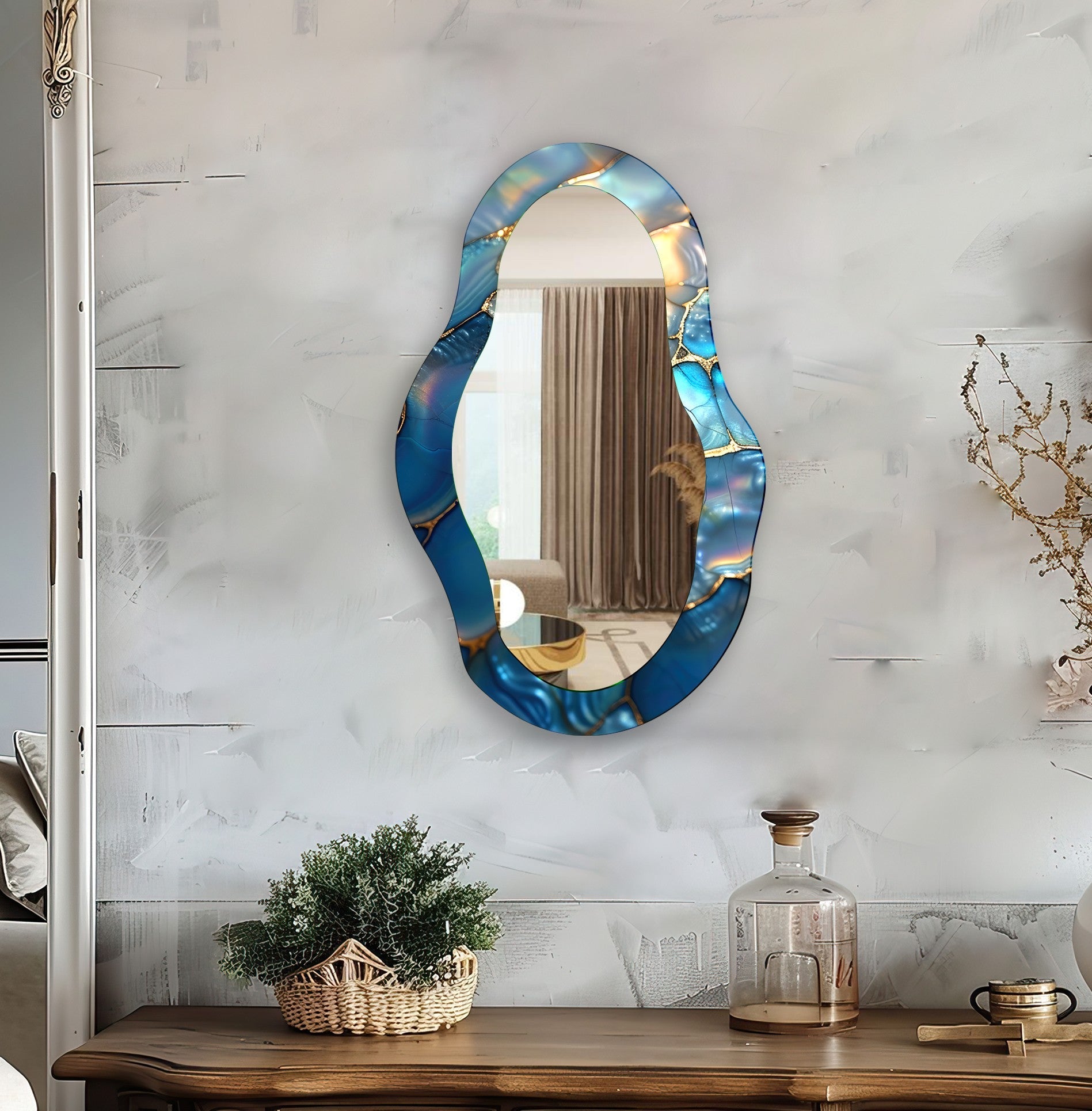 Blue Metallic Asymmetrical Wall Mirror - Modern Decorative Mirror for Living Room, Bedroom & Entryway - Unique Home Decor Accent Piece