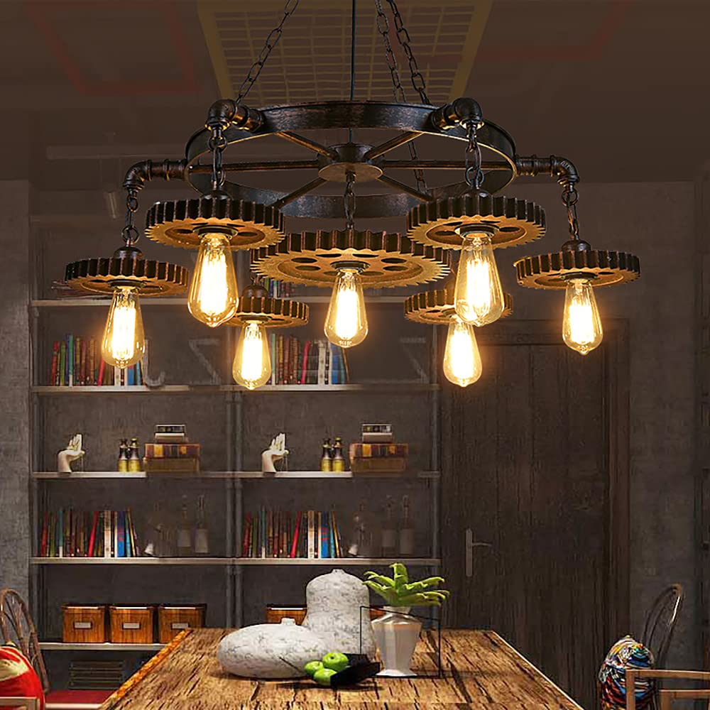 Vintage Farmhouse Chandelier - 7-Light Wooden Hanging Pendant Lighting Fixture for Dining Room, Kitchen Island, Coffee Bar & Home Decor | Easy to Install Rustic Ceiling Light