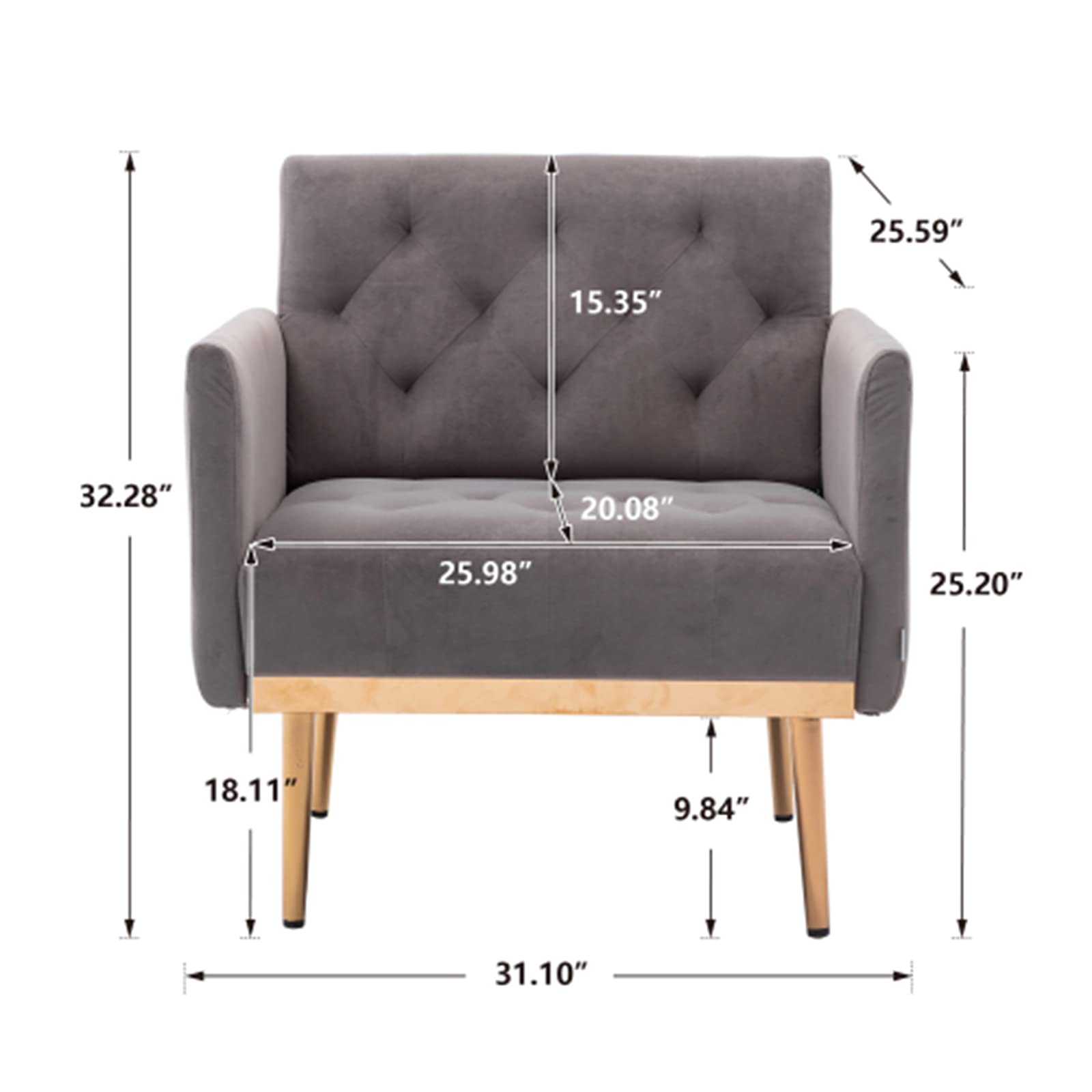 SZLIZCCC Square Velvet Accent Chair with Golden Metal Legs - Modern Single Sofa for Living Room, Bedroom, Coffee Shop & Reception Areas (Grey) - Perfect for Home Decor, Lounge Seating & Office Waiting Rooms