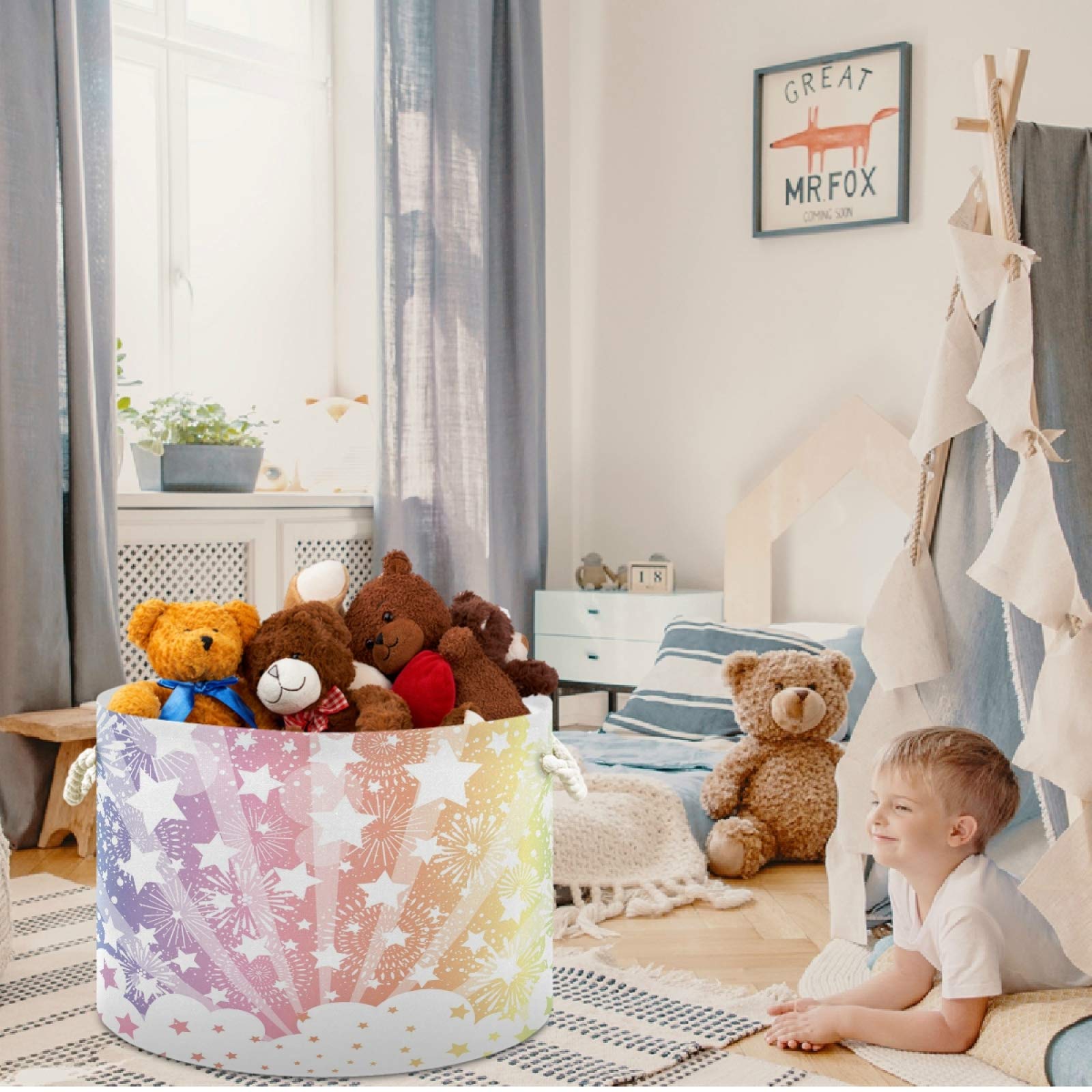 Visesunny Star Cloud Nursery Hamper - Canvas Fabric Toy Storage Organizer Bin for Kids Room, Playroom & Shelves - Multi-Purpose Laundry Basket & Gift Basket for Baby Clothes, Toys & Home Organization