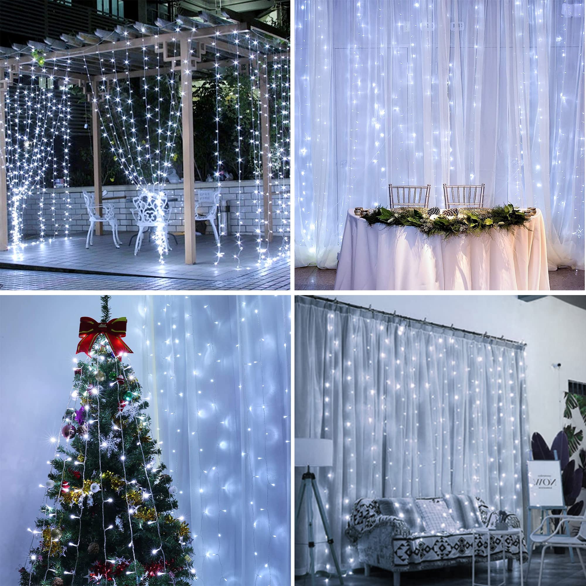 Weillsnow 300 LED Curtain Lights - 9.8FT x 6.6FT Connectable String Lights with 8 Twinkle Modes, Waterproof for Indoor Outdoor Use - Perfect for Bedroom, Patio, Garden, Wedding & Christmas Decorations (White)