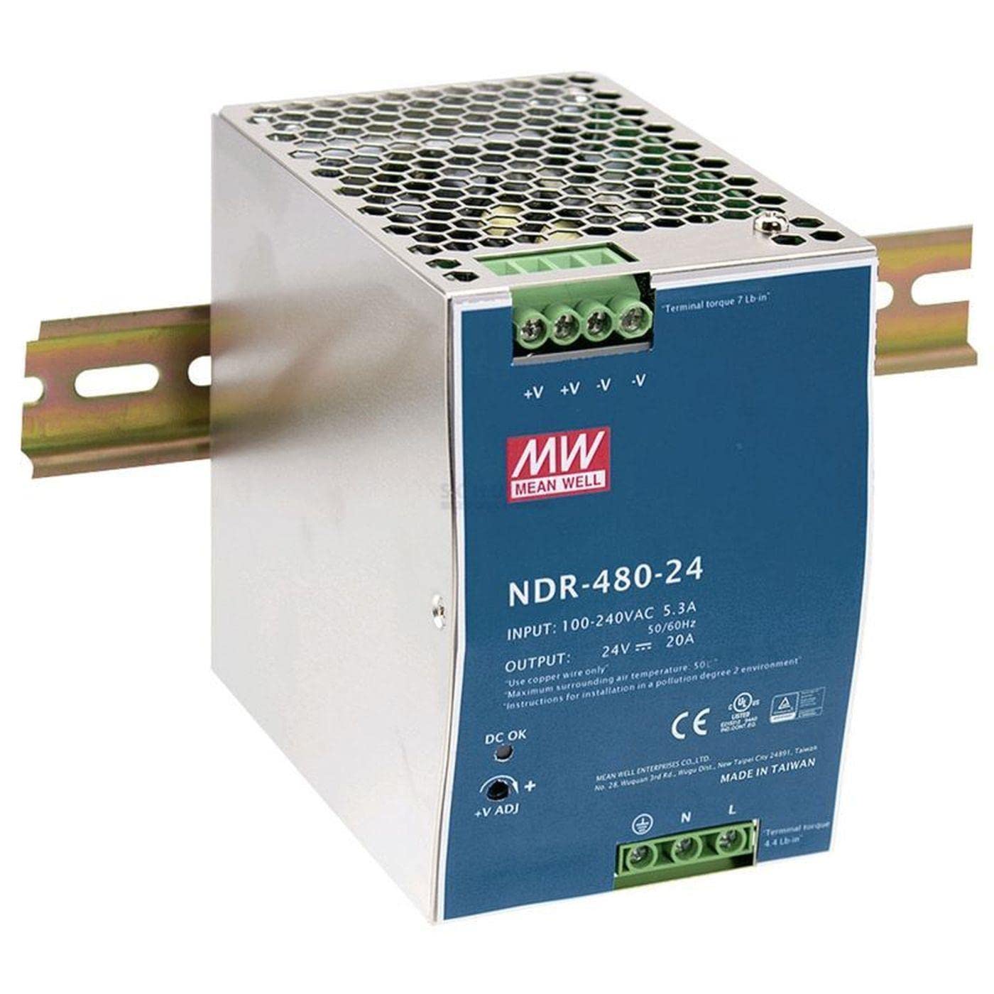 MEAN WELL NDR-480-48 48V 10A 480W DIN Rail Power Supply with PFC - Industrial Grade for Automation, Control Panels & LED Lighting Systems