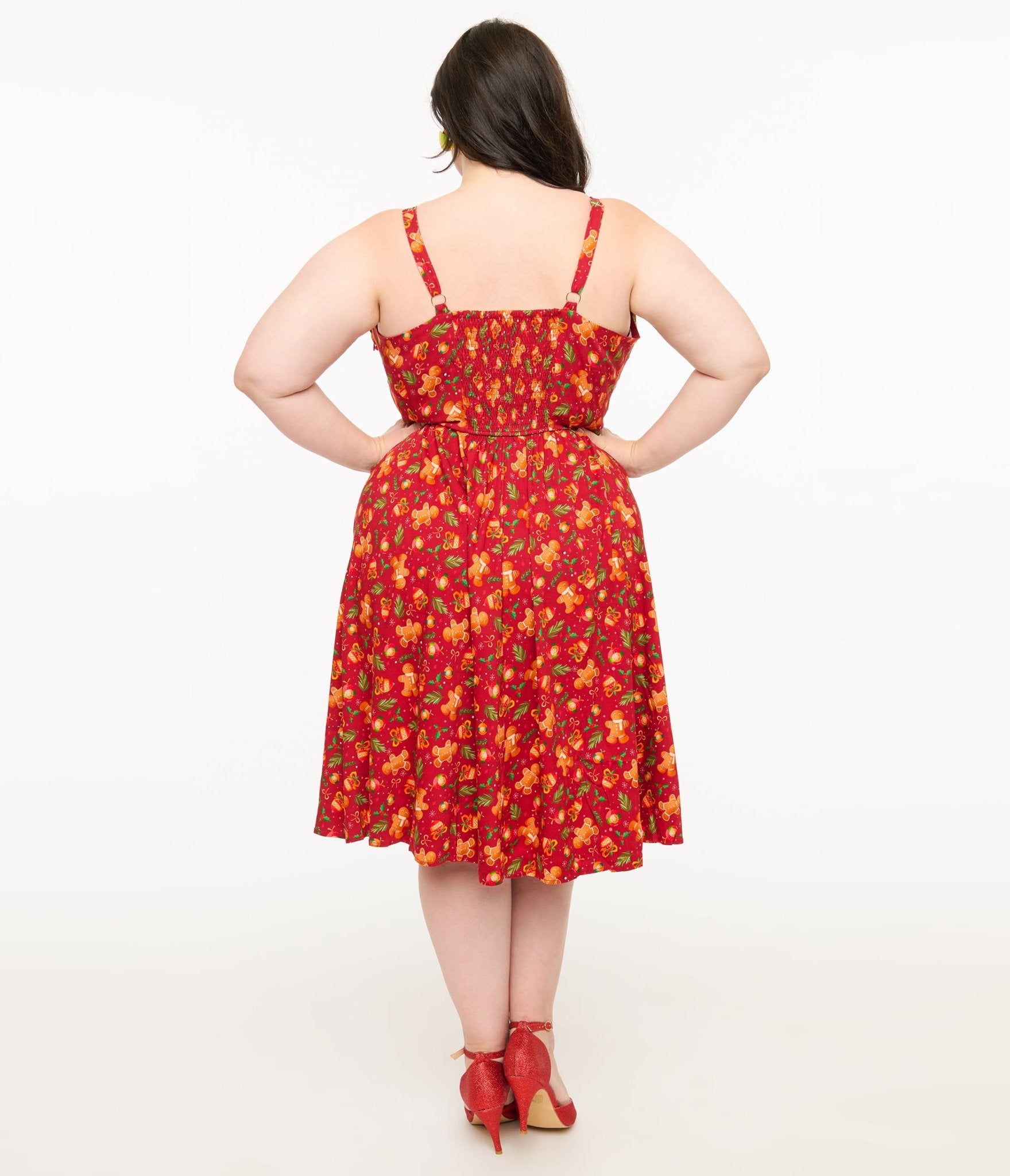 Miss Lulo Plus Size 1950s Vintage Red Gingerbread Man Print Eden Fit & Flare Dress - Christmas Party, Holiday Outfit, Retro Pinup Style, Casual Wear