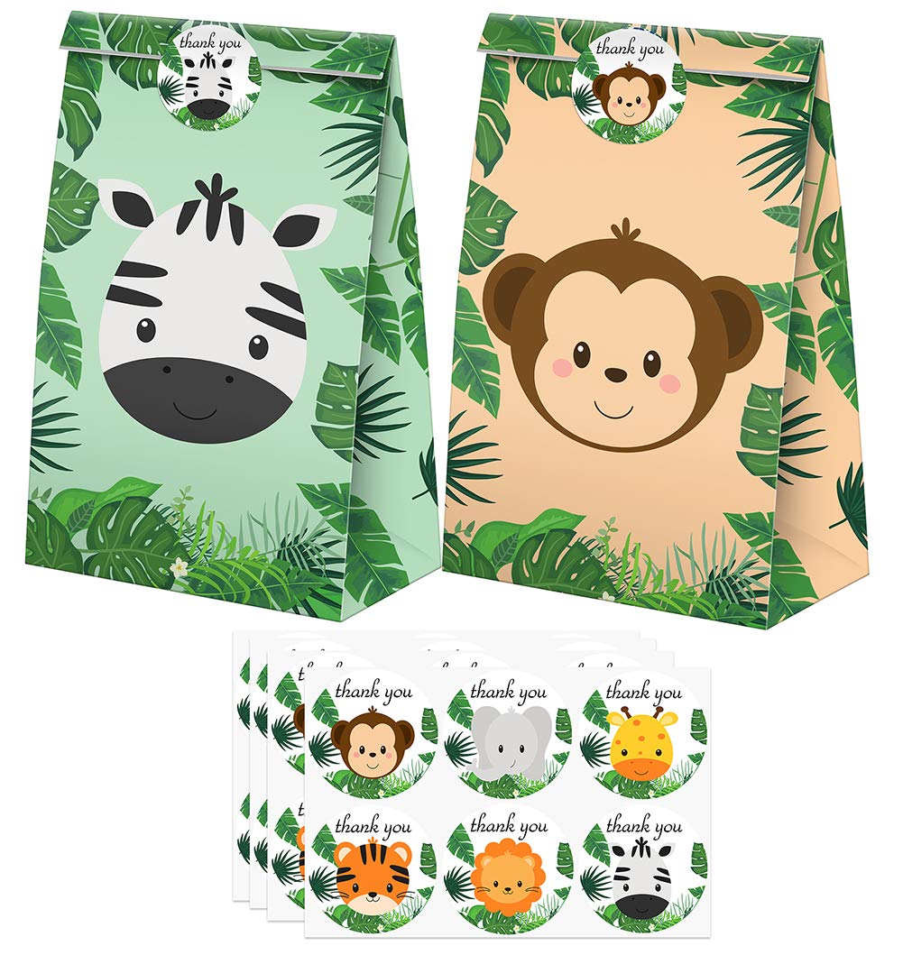 24 Pcs Jungle Safari Party Favors - Goodie Bags with Stickers for Candy & Treats | Safari Themed Birthday Party Supplies for Kids, Baby Shower & Classroom Rewards