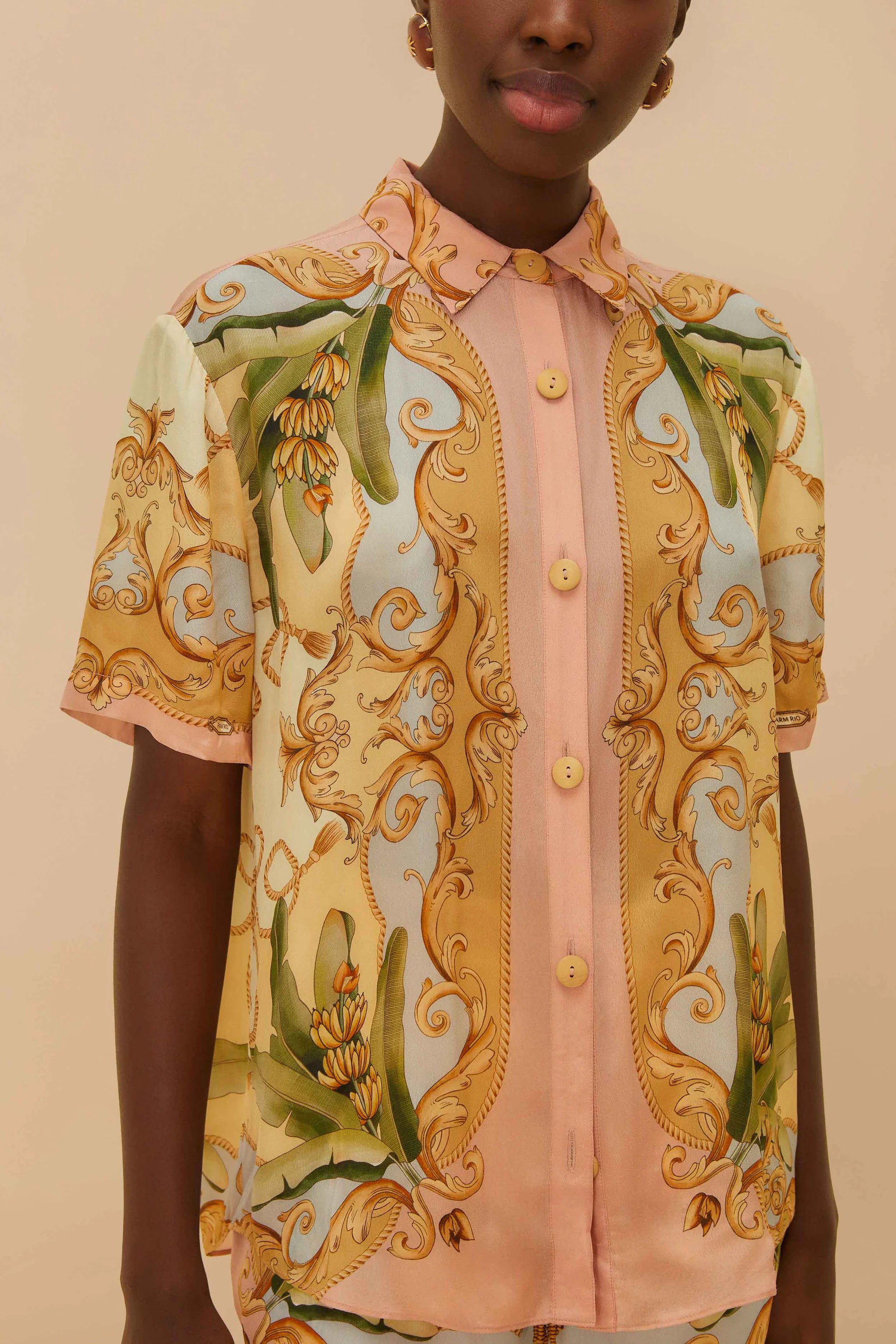 Farm Rio Banana Royalty Shirt - Women's Tropical Print Blouse for Summer Vacations & Beach Getaways
